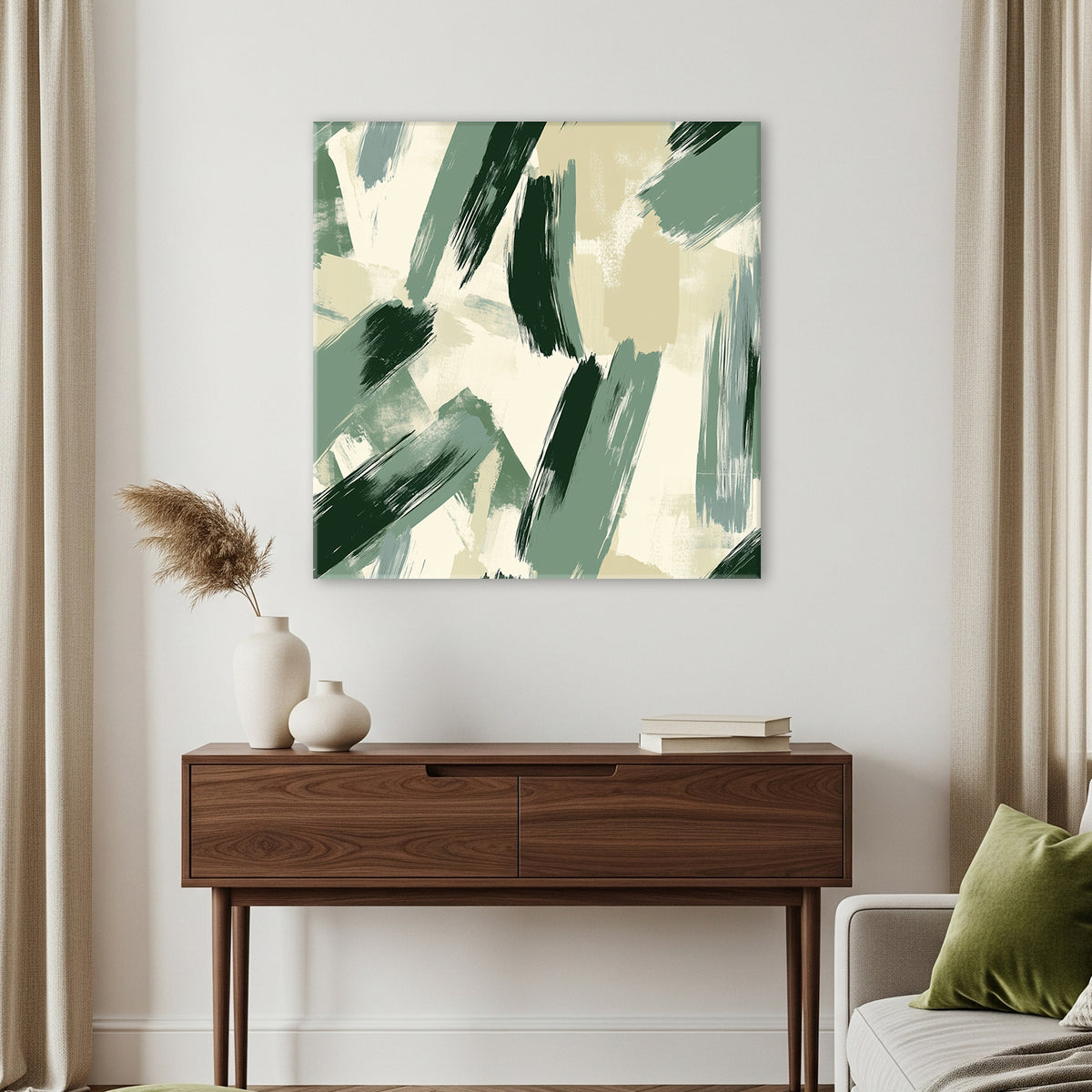Sage Green Abstract Brush Canvas Print for Calm Interiors