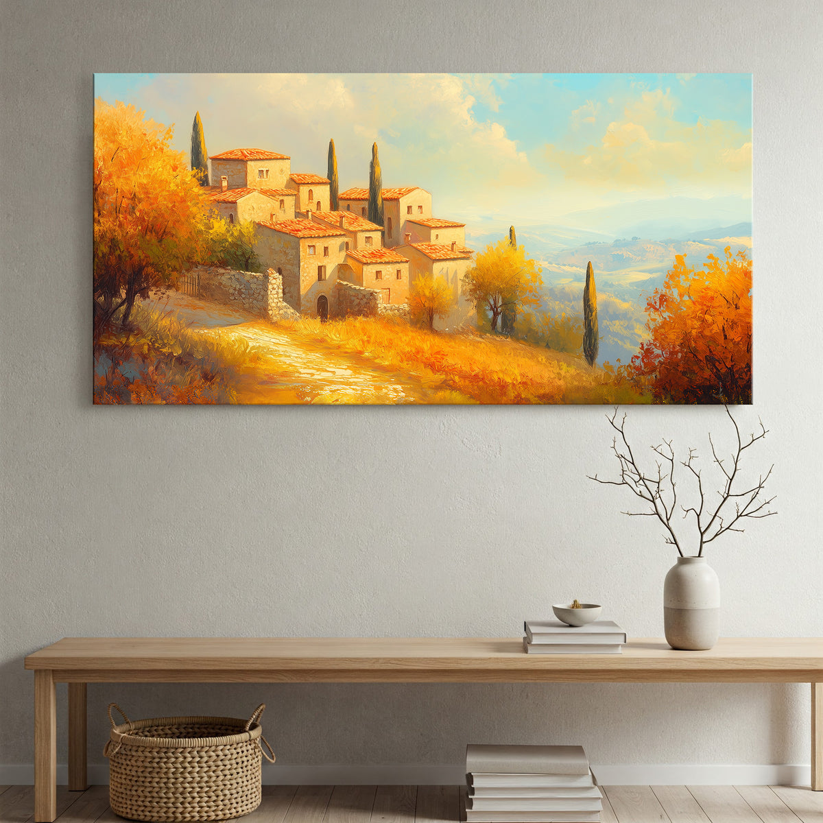 Panoramic Stone Village Scene Canvas in Rustic Boho Style