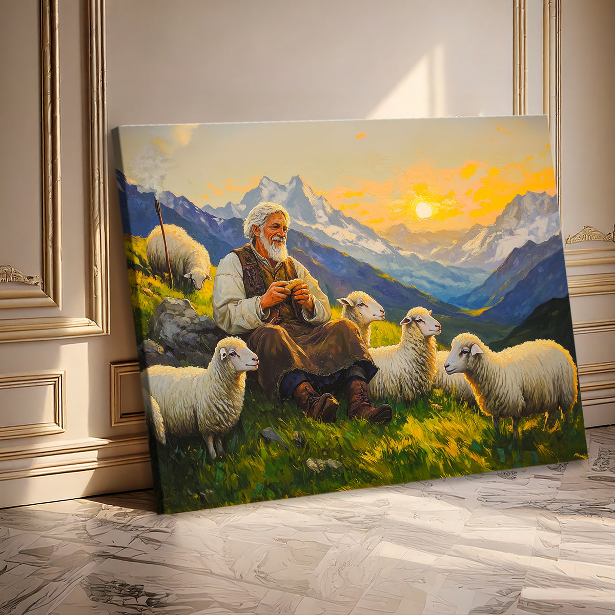 Shepherd and Sheep Pastoral Canvas in Vintage Oil Style