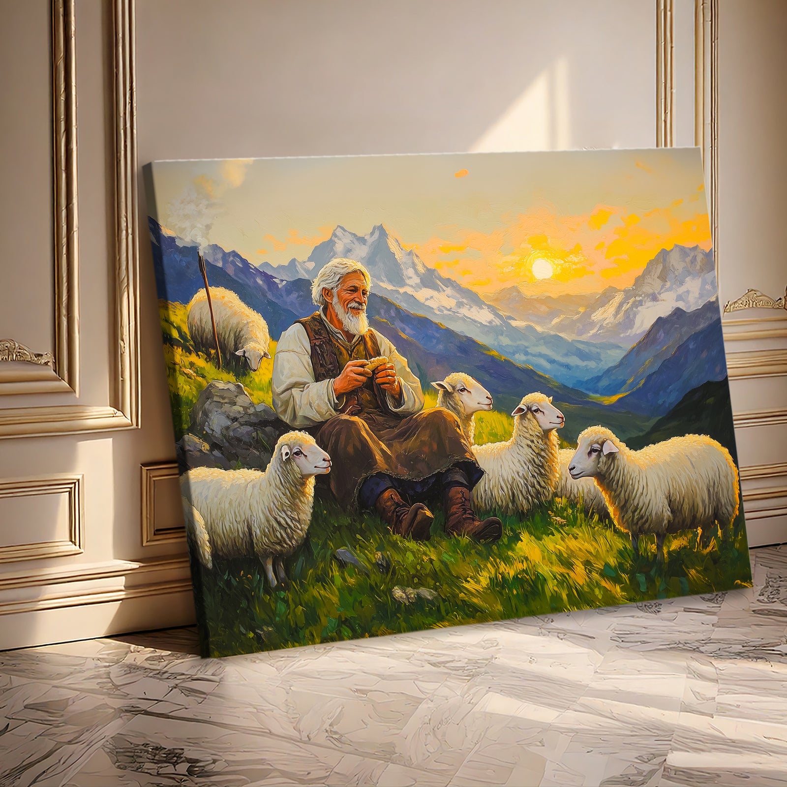 Shepherd and Sheep Pastoral Canvas in Vintage Oil Style