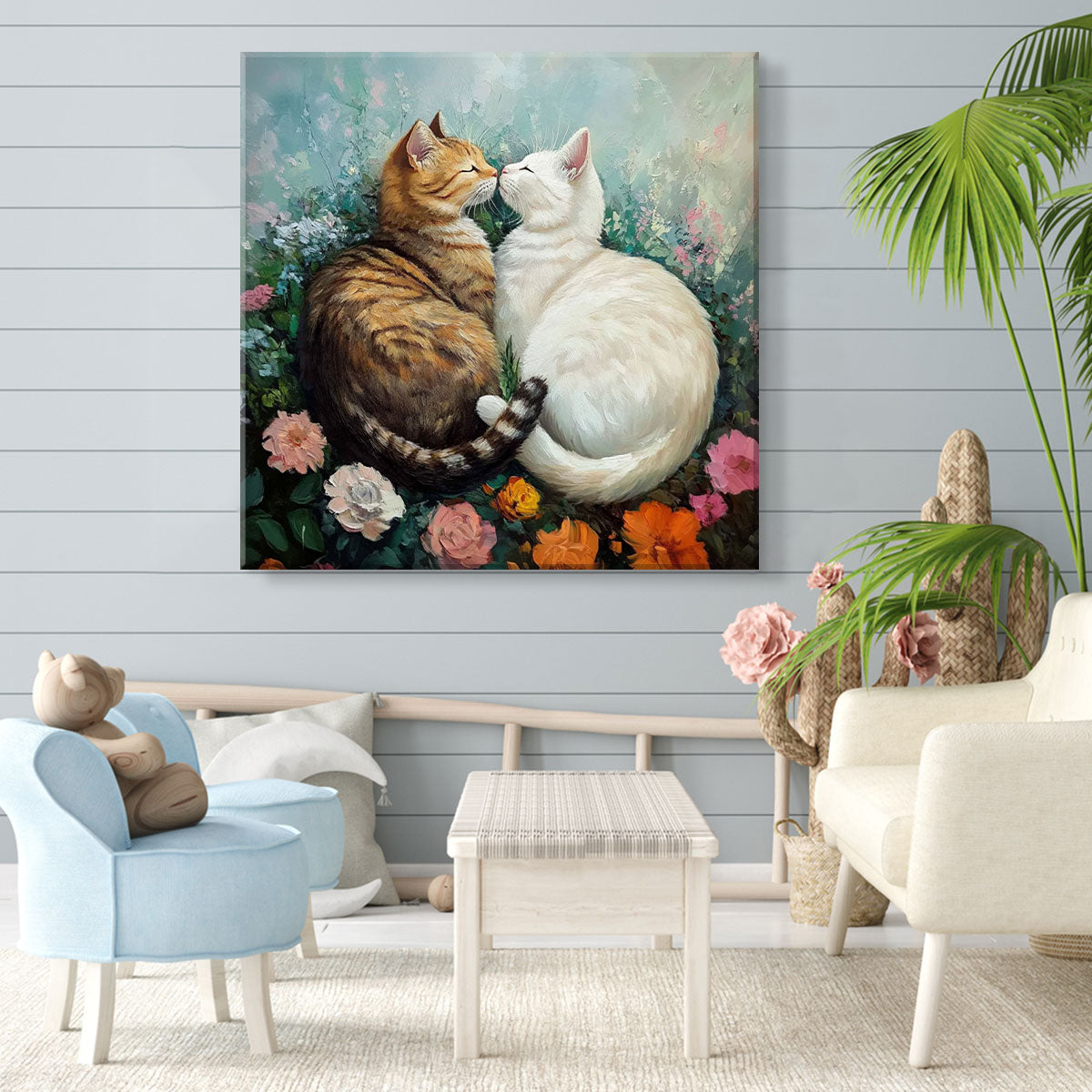 Romantic Cat Duo in Floral Garden – Oil Canvas Wall Art
