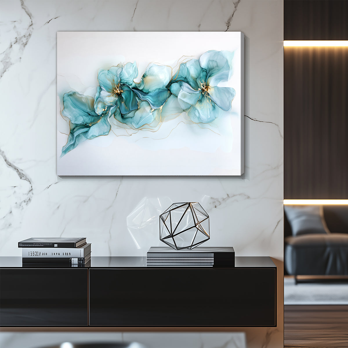 Turquoise Floral Abstract Alcohol Ink Canvas Wall Art