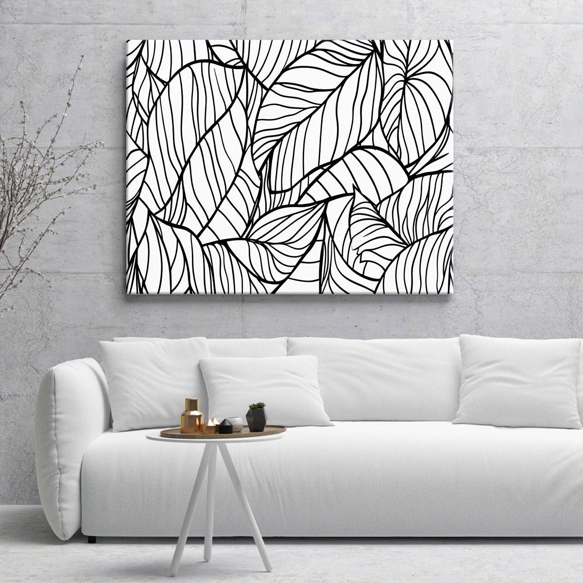 Black And White Leaf Line Artwork For Living Room