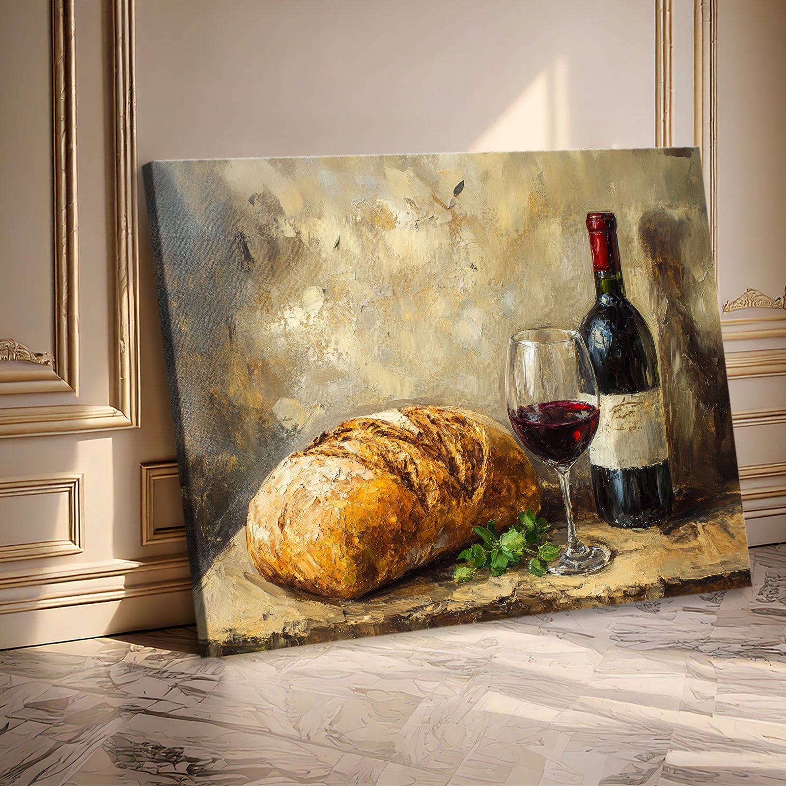 Bread and Red Wine - Vintage Oil Painting Canvas Wall Art