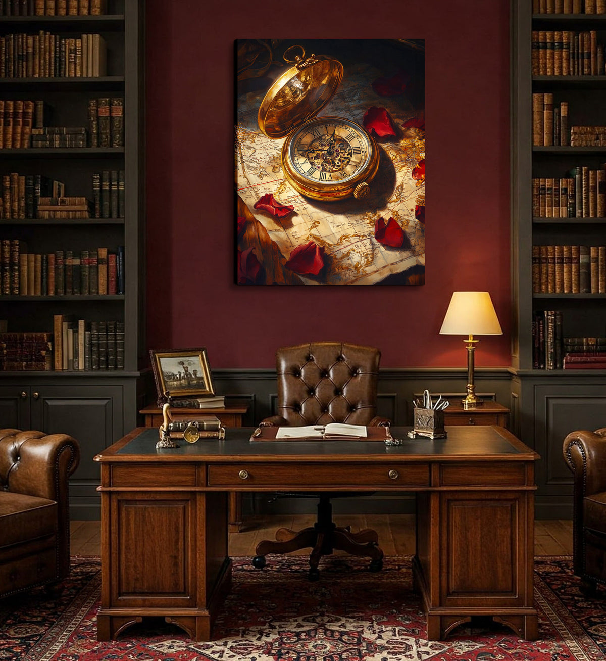 Vintage Pocket Watch and Old Map Oil Painting Canvas Wall Art