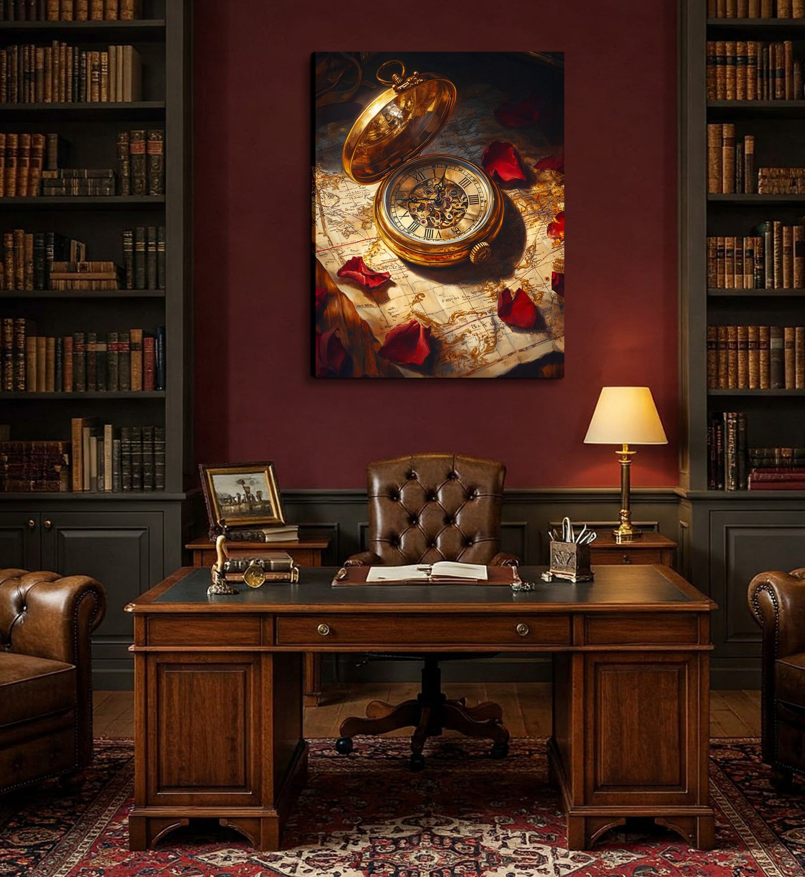 Vintage Pocket Watch and Old Map Oil Painting Canvas Wall Art