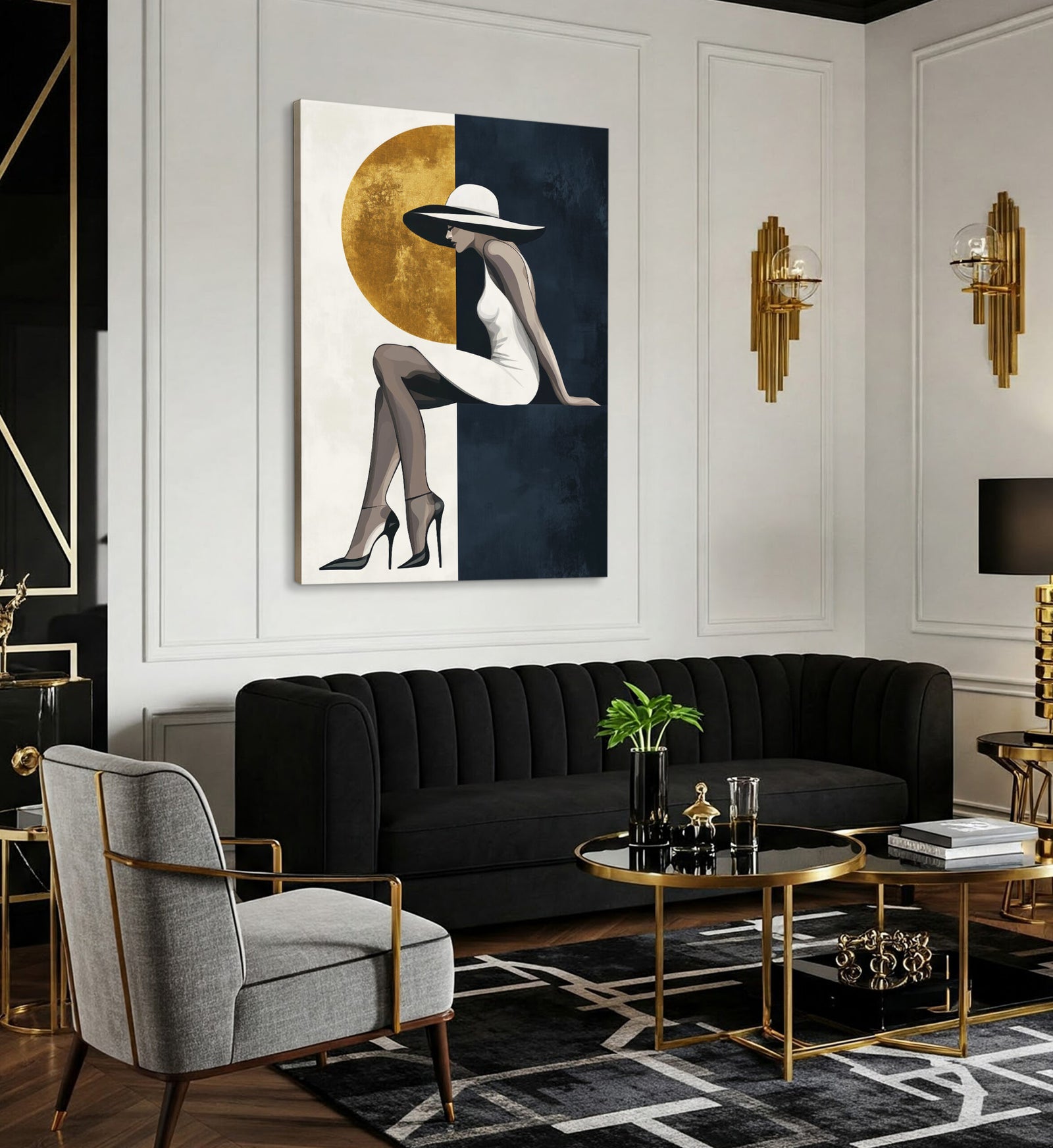 Modern Minimalist Woman and Gold Moon Wall Art Canvas