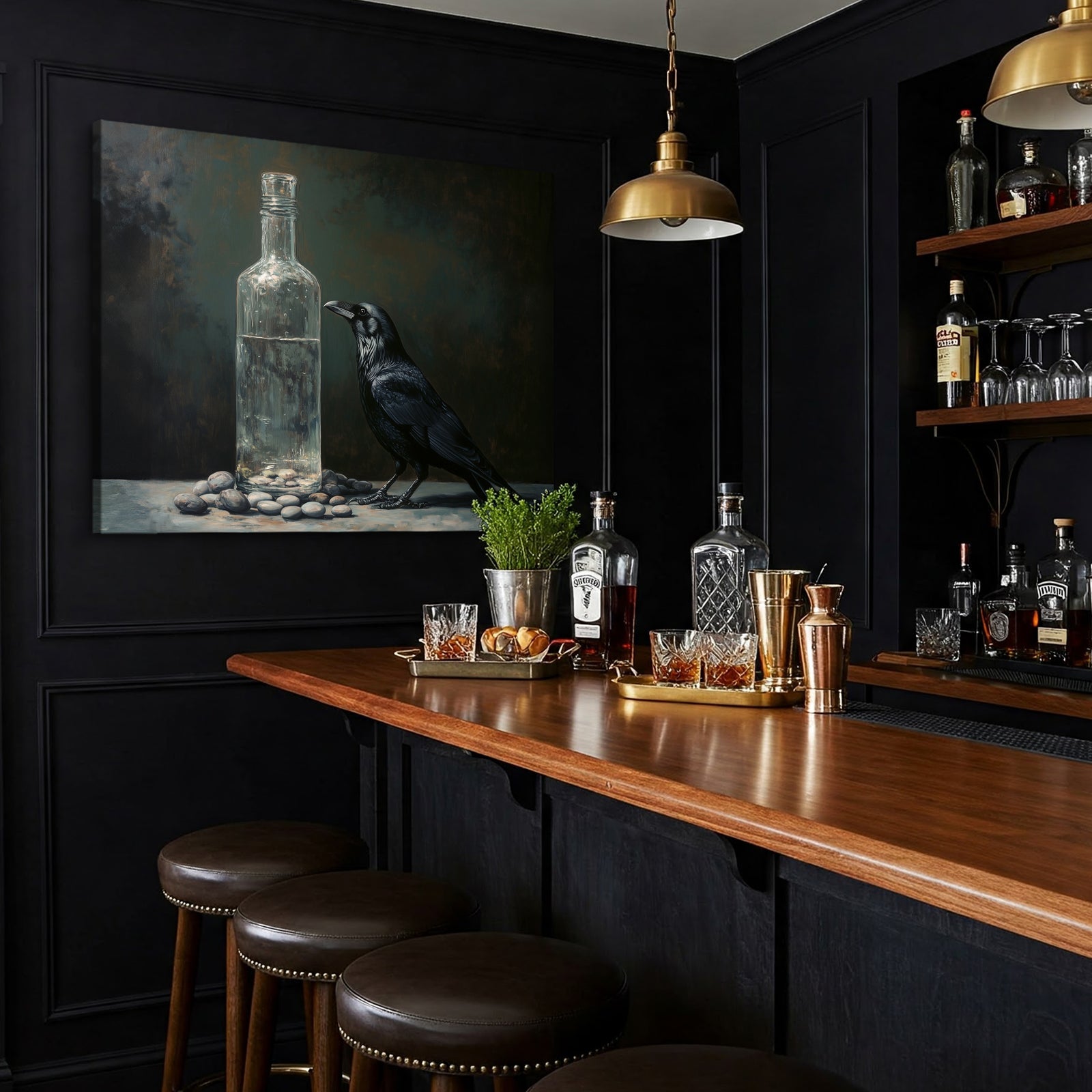 Black Raven and Glass Bottle Oil Painting Canvas Print