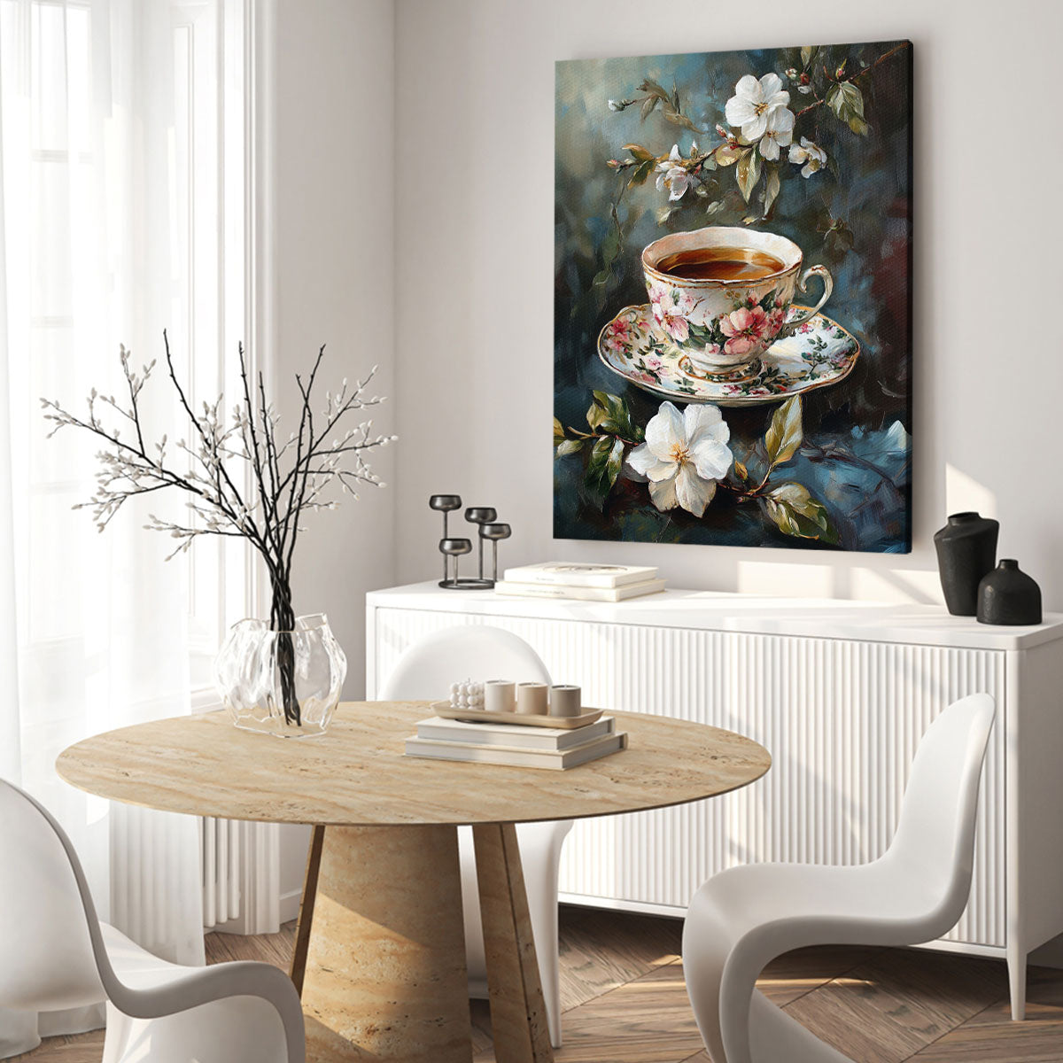 Vintage Floral Teacup Oil Painting Canvas Wall Art