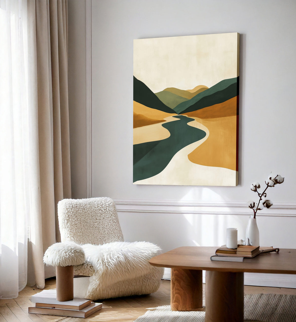River Through Golden Valley Abstract Landscape Artwork