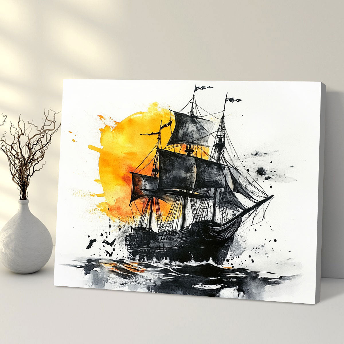 Sailing Black Pirate Ship Abstract Wall Art