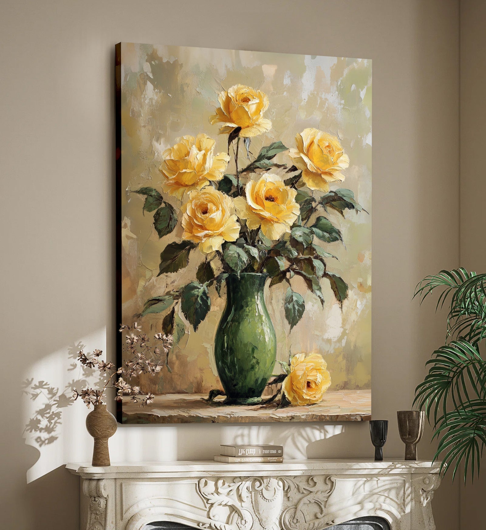 Yellow Roses in a Green Vase - Vintage Oil Painting Canvas Print