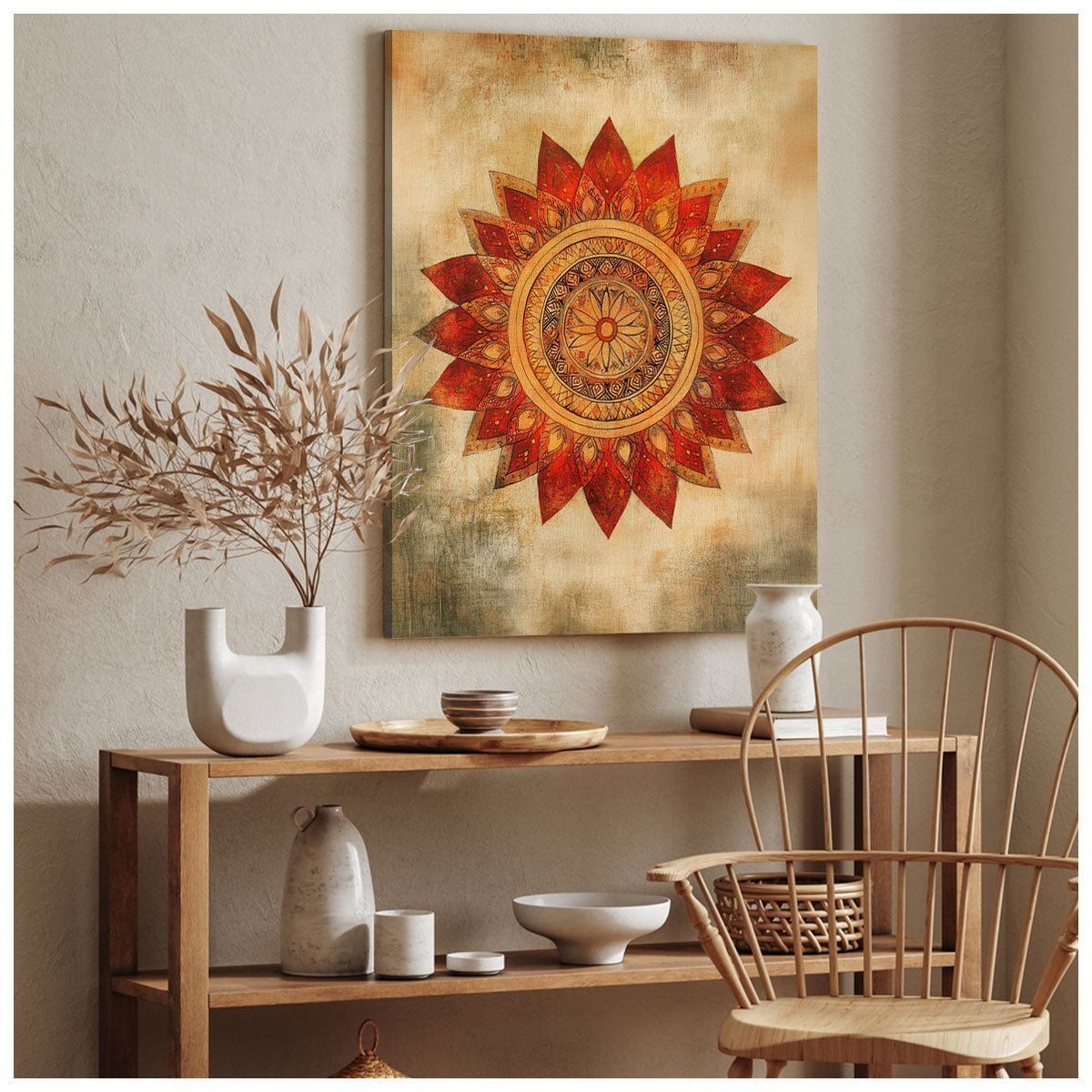 Boho Mandala Canvas Wall Art - Warm Tribal Sunflower Decor