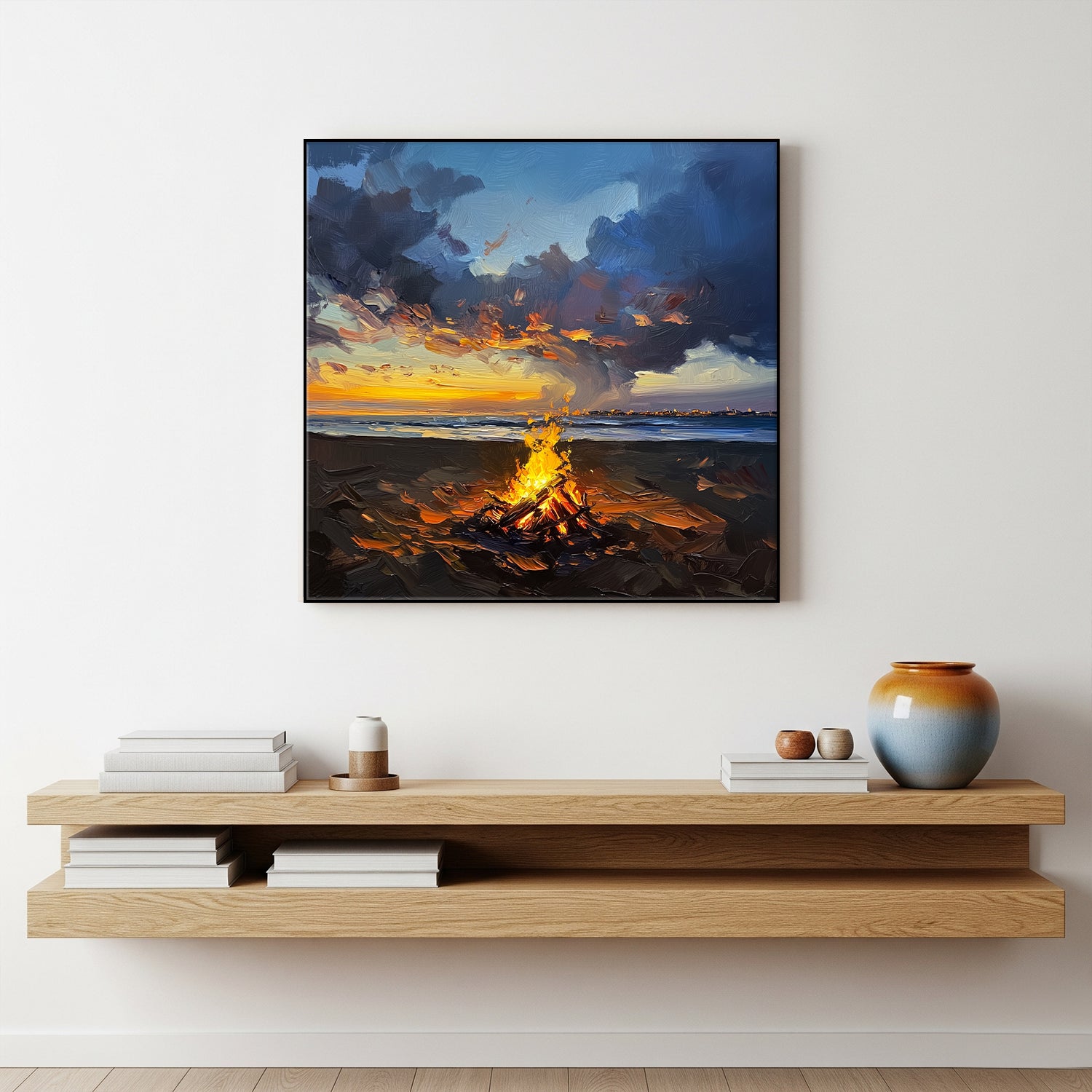 Sunset Campfire Beach Wall Art Oil Painting Canvas