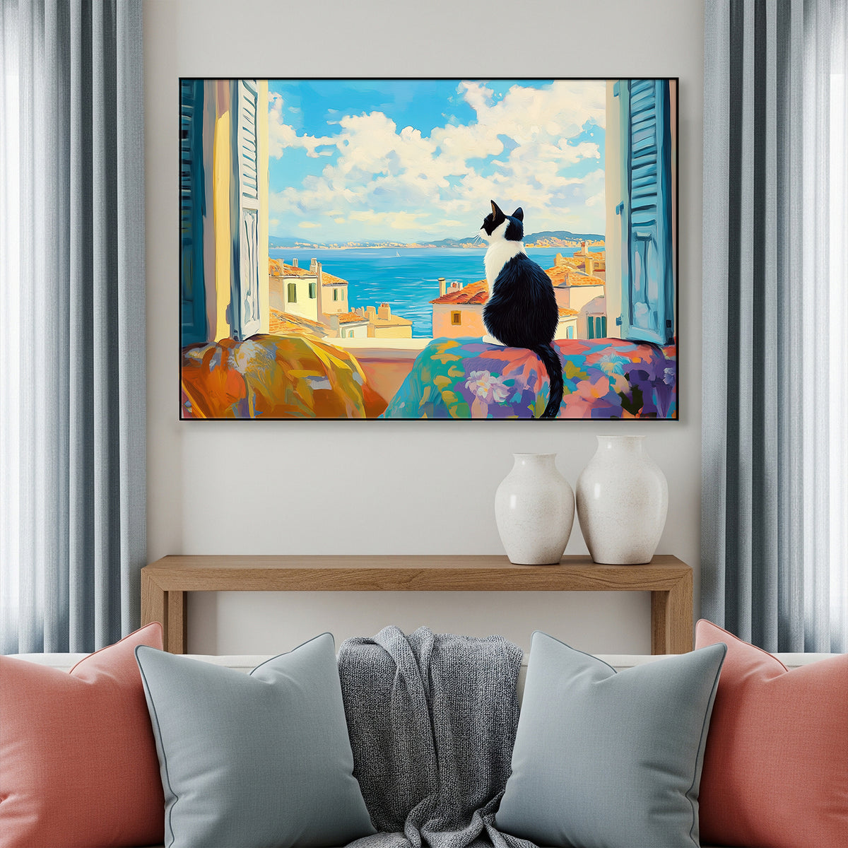 Black And White Cat On Window Canvas Wall Art Print