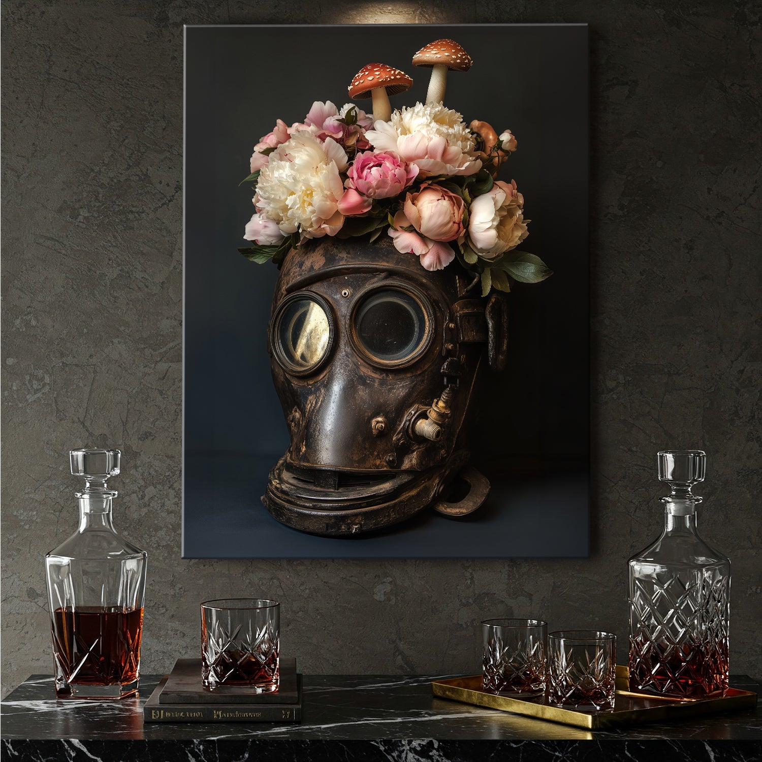 Blooming Flowers In Diving Helmet Vintage Canvas Art