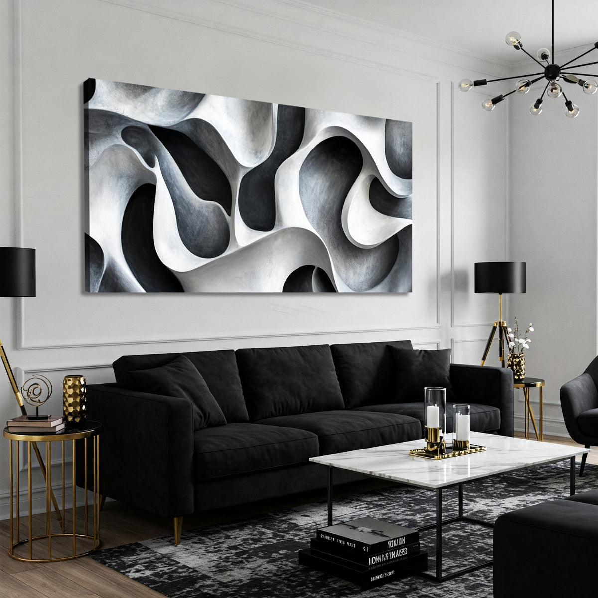 Fluid Forms Monochromatic Abstract Canvas Wall Art for Living Room