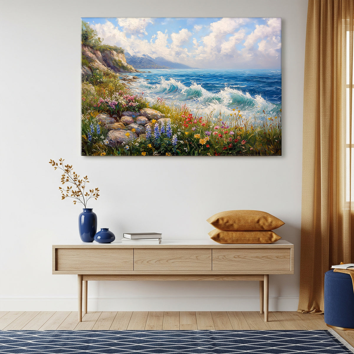 Gentle Ocean Waves And Wildflowers Oil Canvas Print