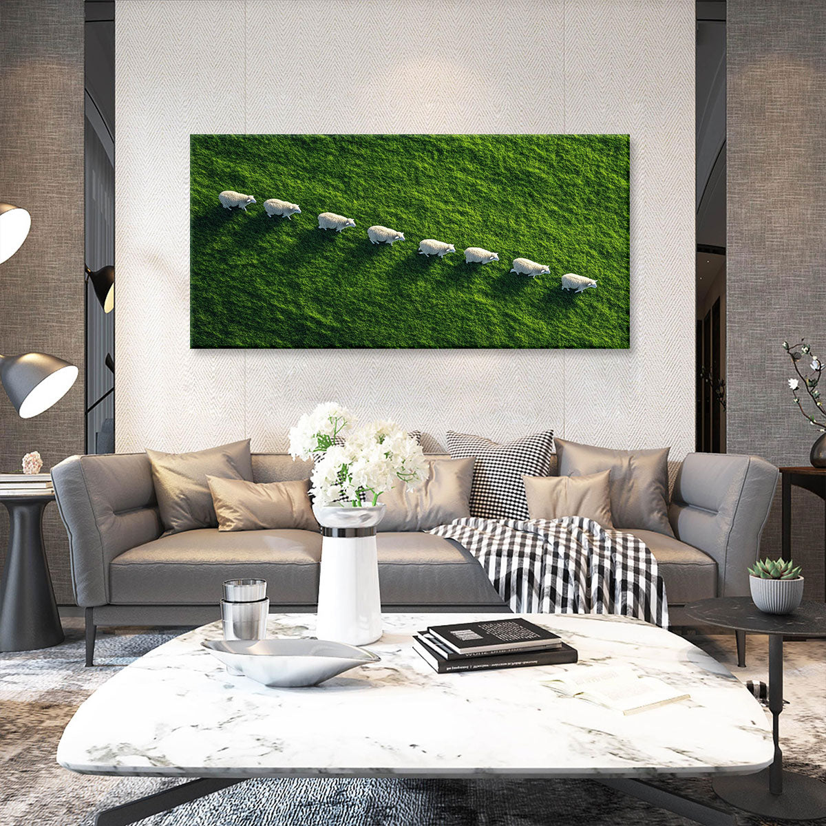 Sheep On Field Landscape Artwork