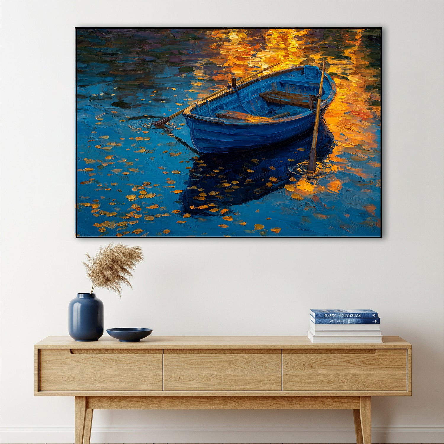 Golden Light and Blue Rowboat Oil Canvas Wall Art