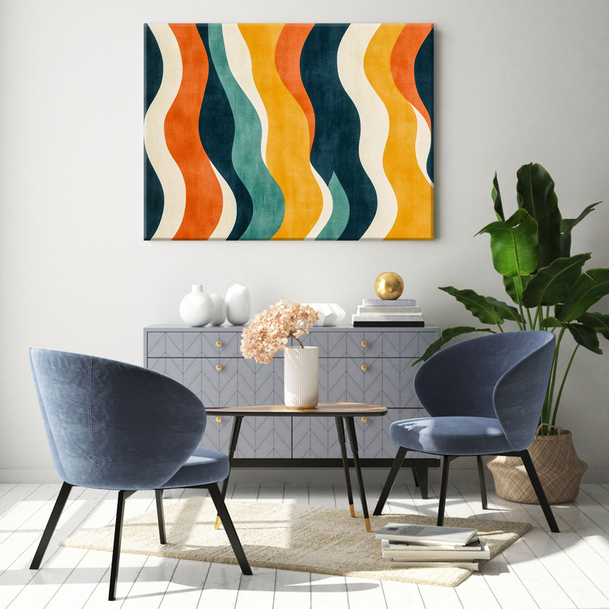 Retro Wavy Lines 70s Boho Wall Decor in Warm Muted Tones