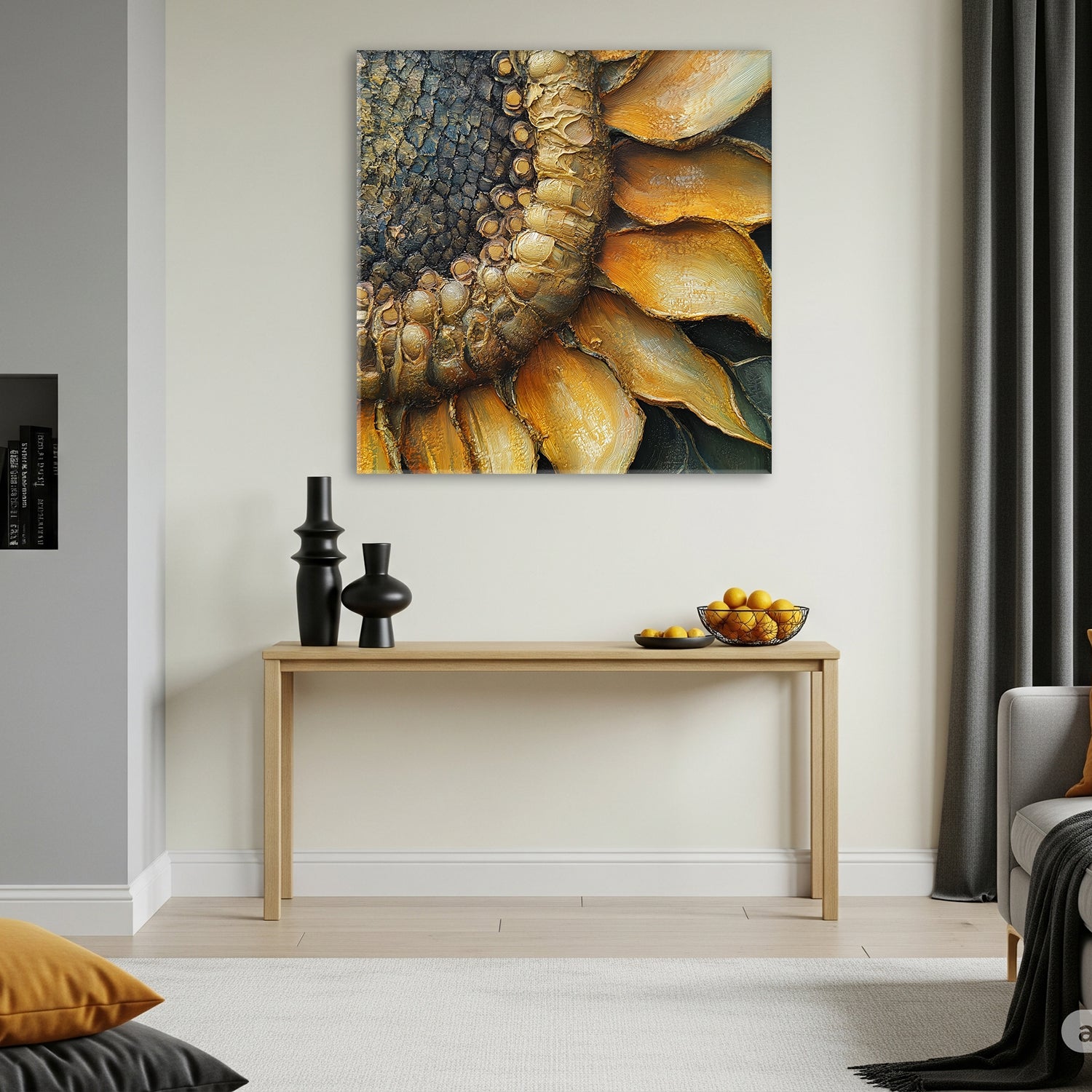 Close-up sunflower canvas print with oil-style texture
