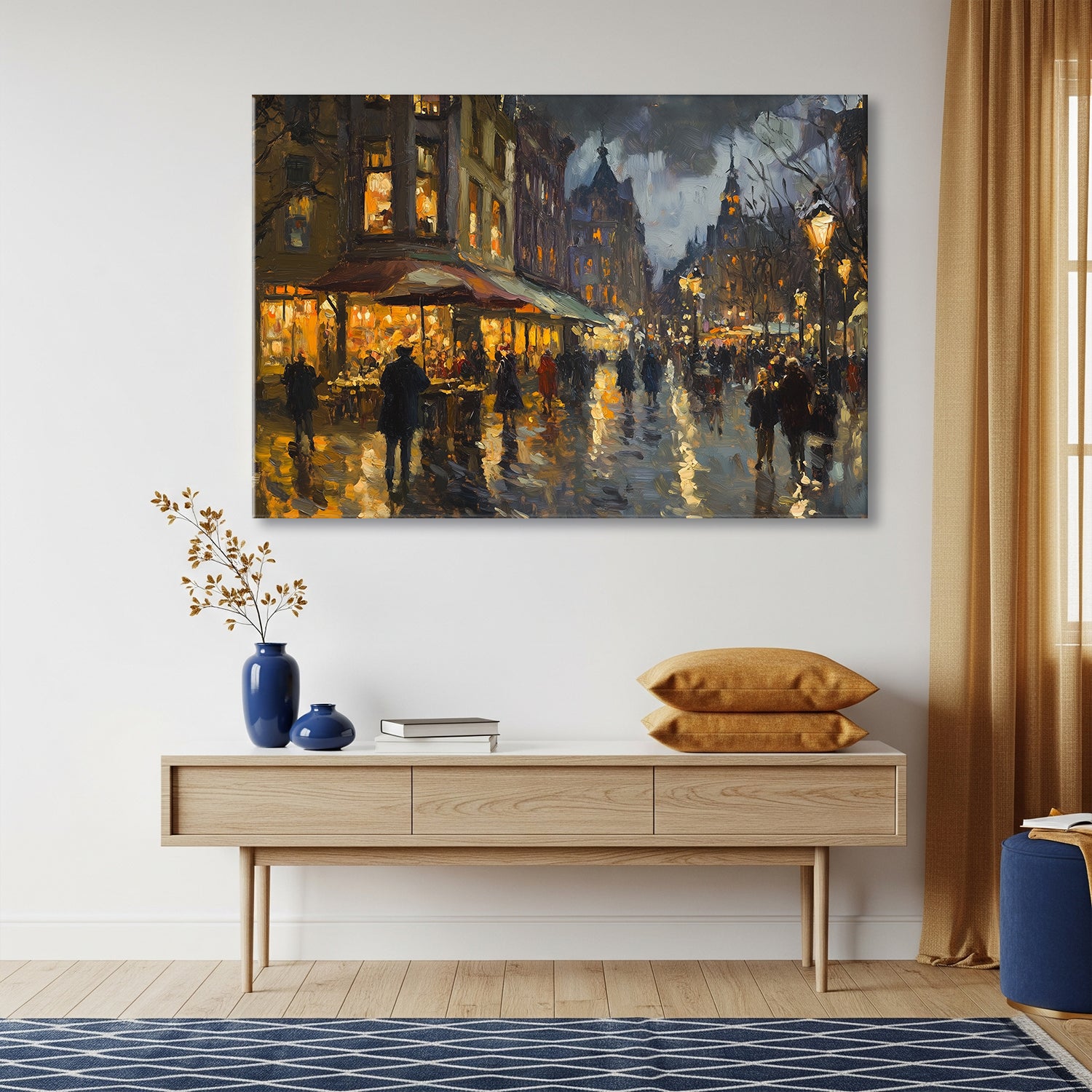 Oil street scene painting with glowing city lights