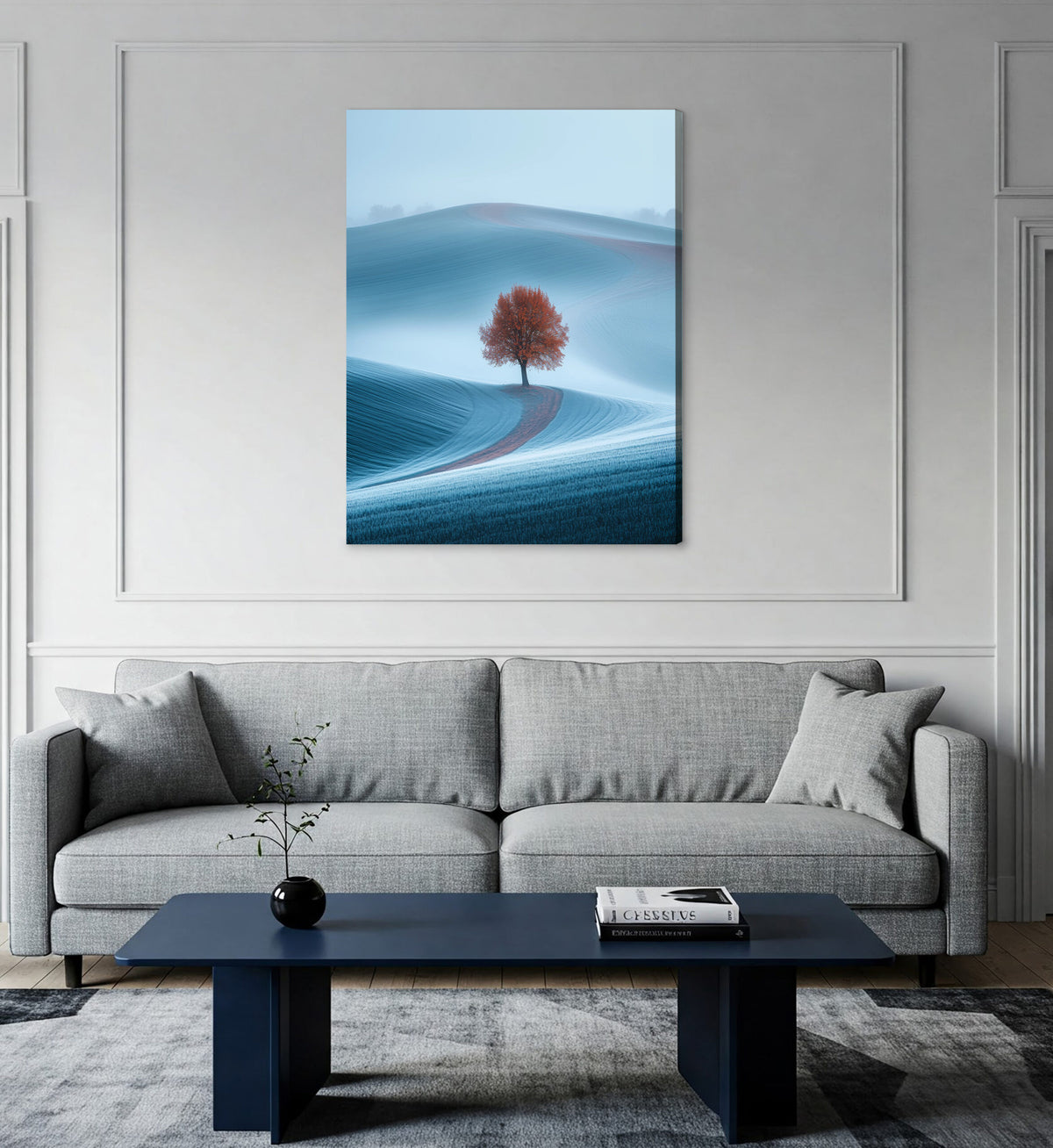 Boho Foggy Field Wall Art with High-Contrast Lone Tree