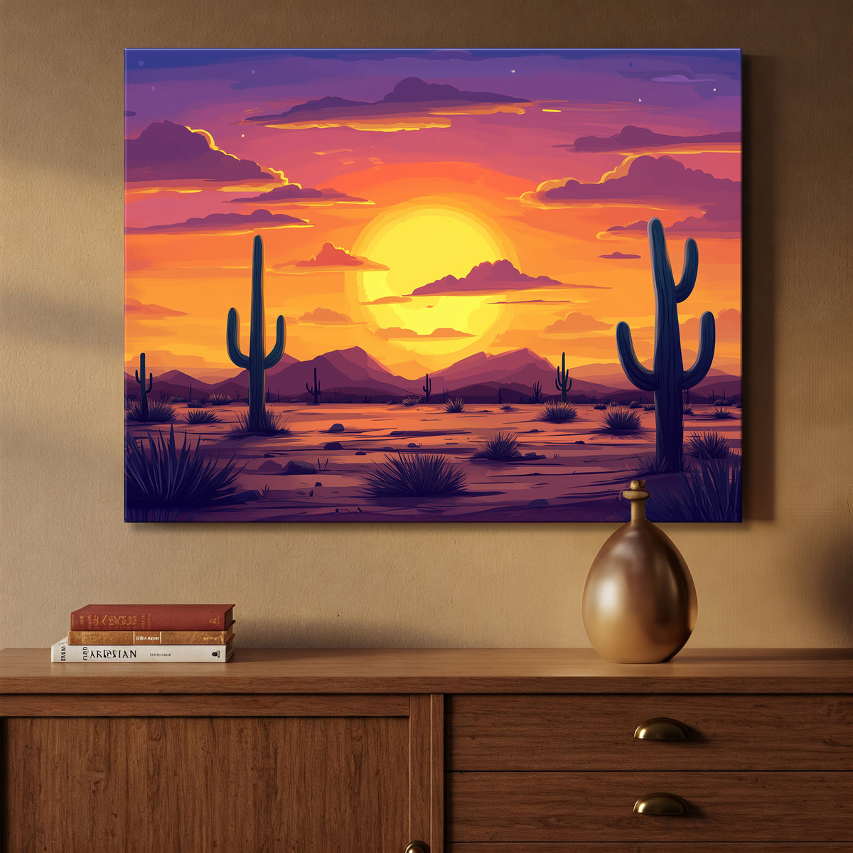 Boho Cactus Sunset Canvas Art for Desert Wall Decor