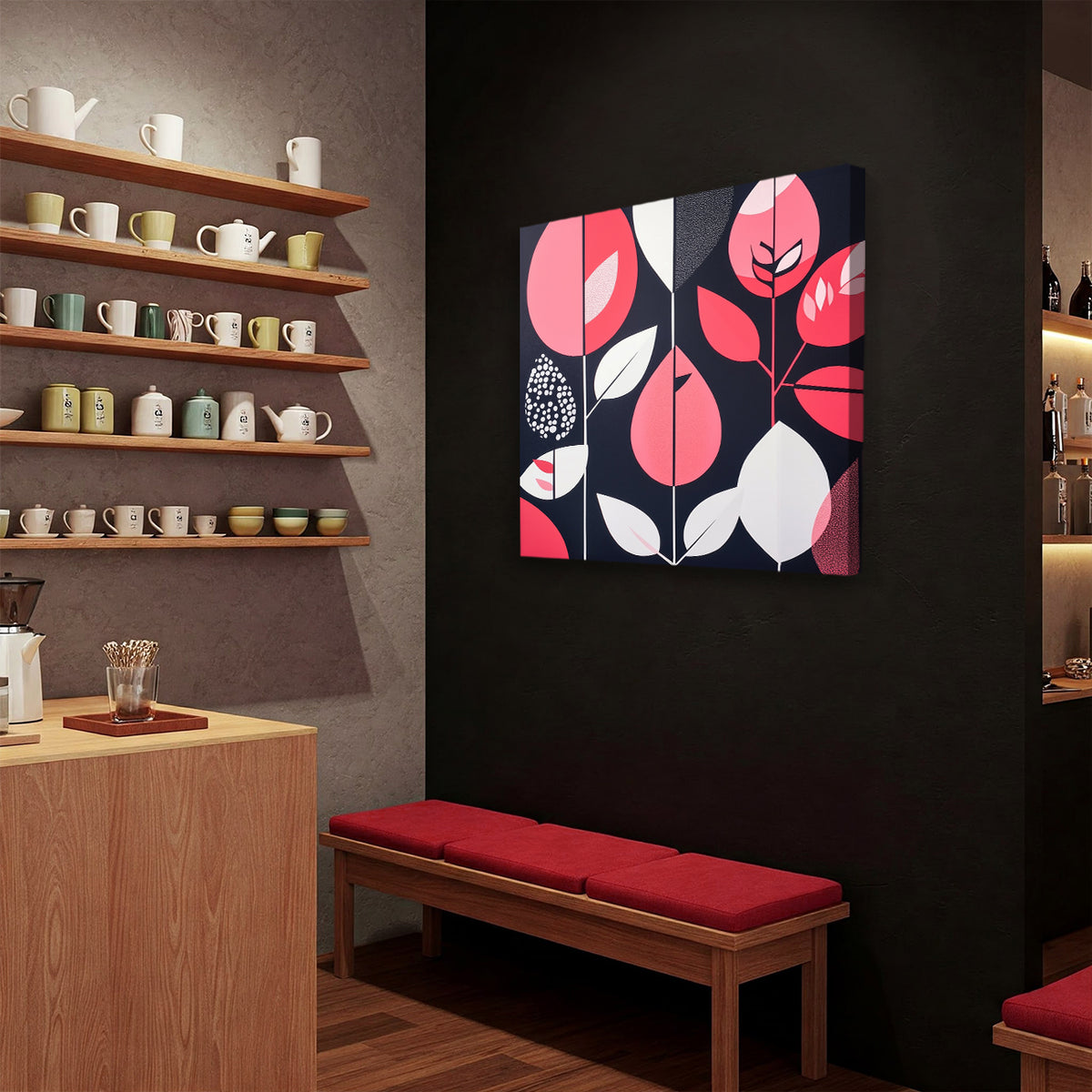 Modern Leaf and Shape Abstract Canvas in Blush and Black