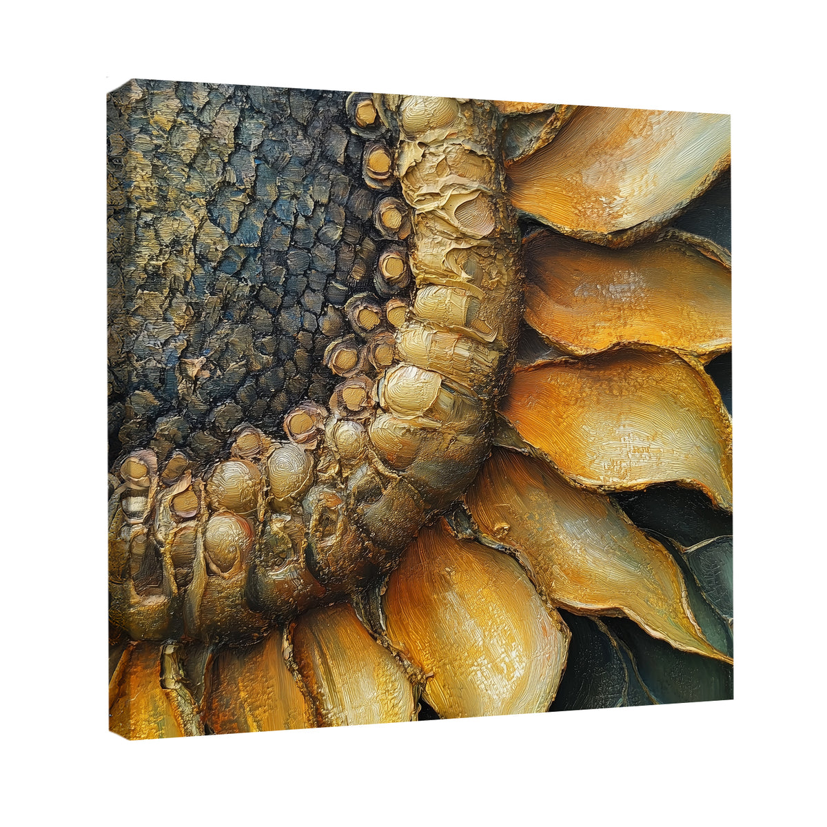 Close-up sunflower canvas print with oil-style texture