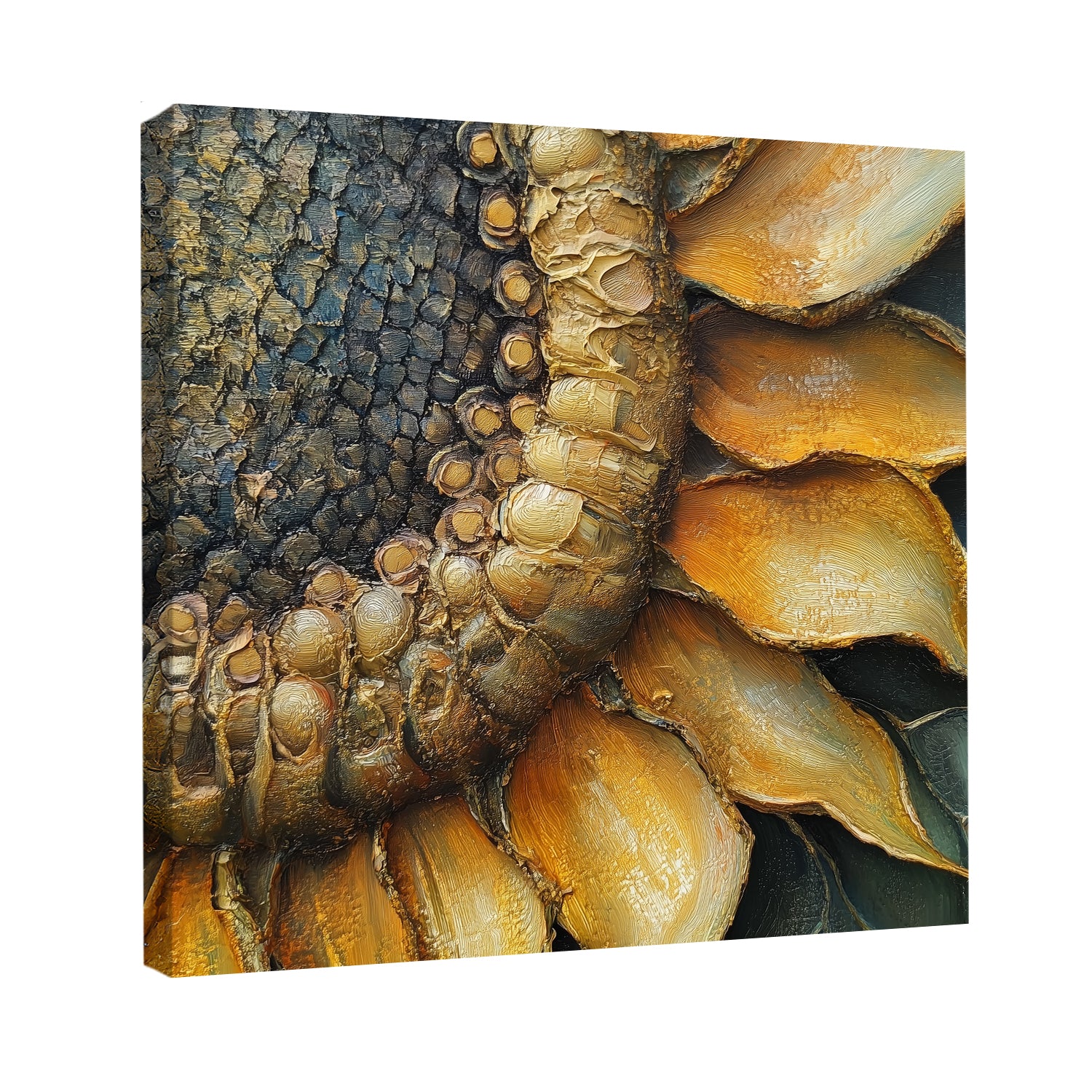 Close-up sunflower canvas print with oil-style texture
