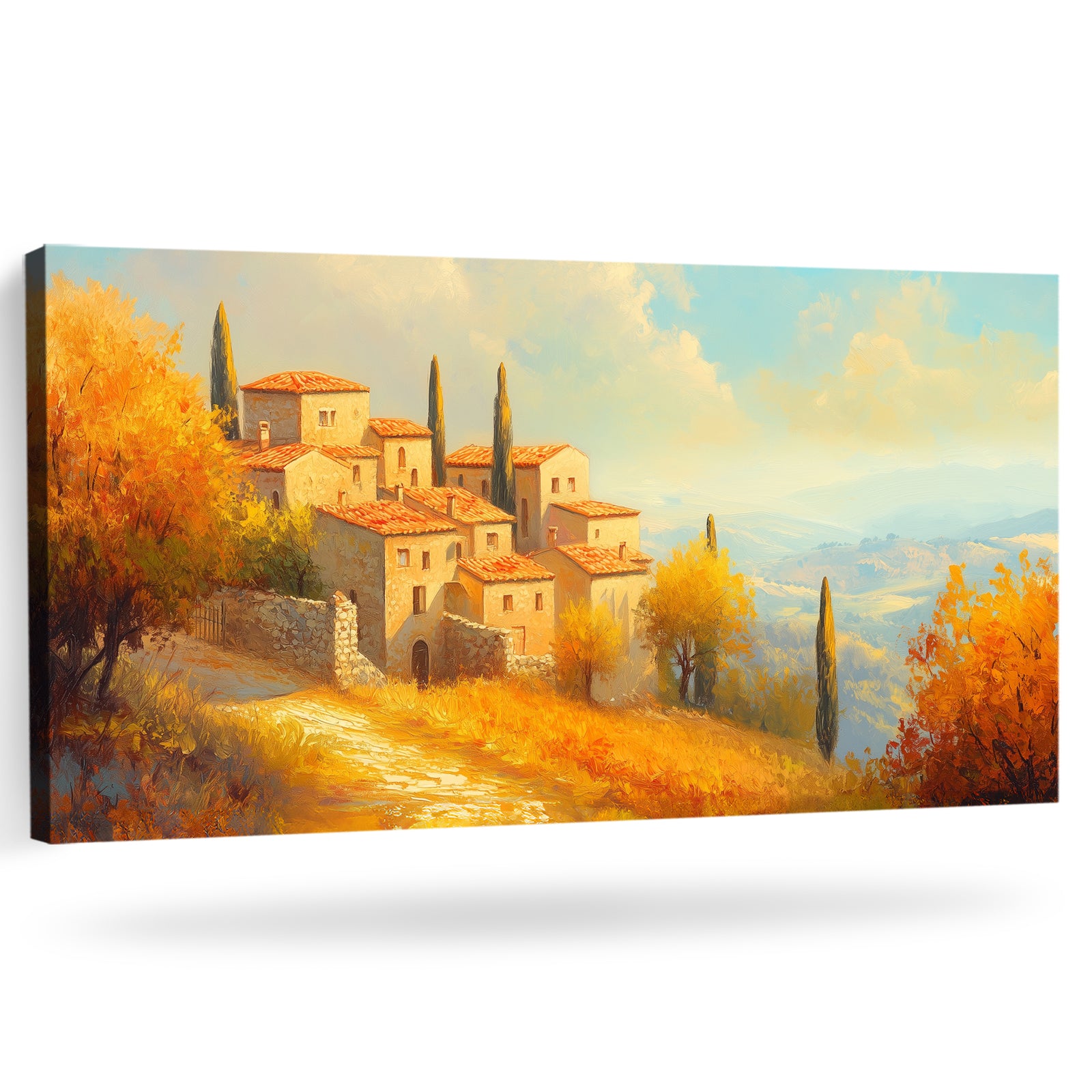 Panoramic Stone Village Scene Canvas in Rustic Boho Style