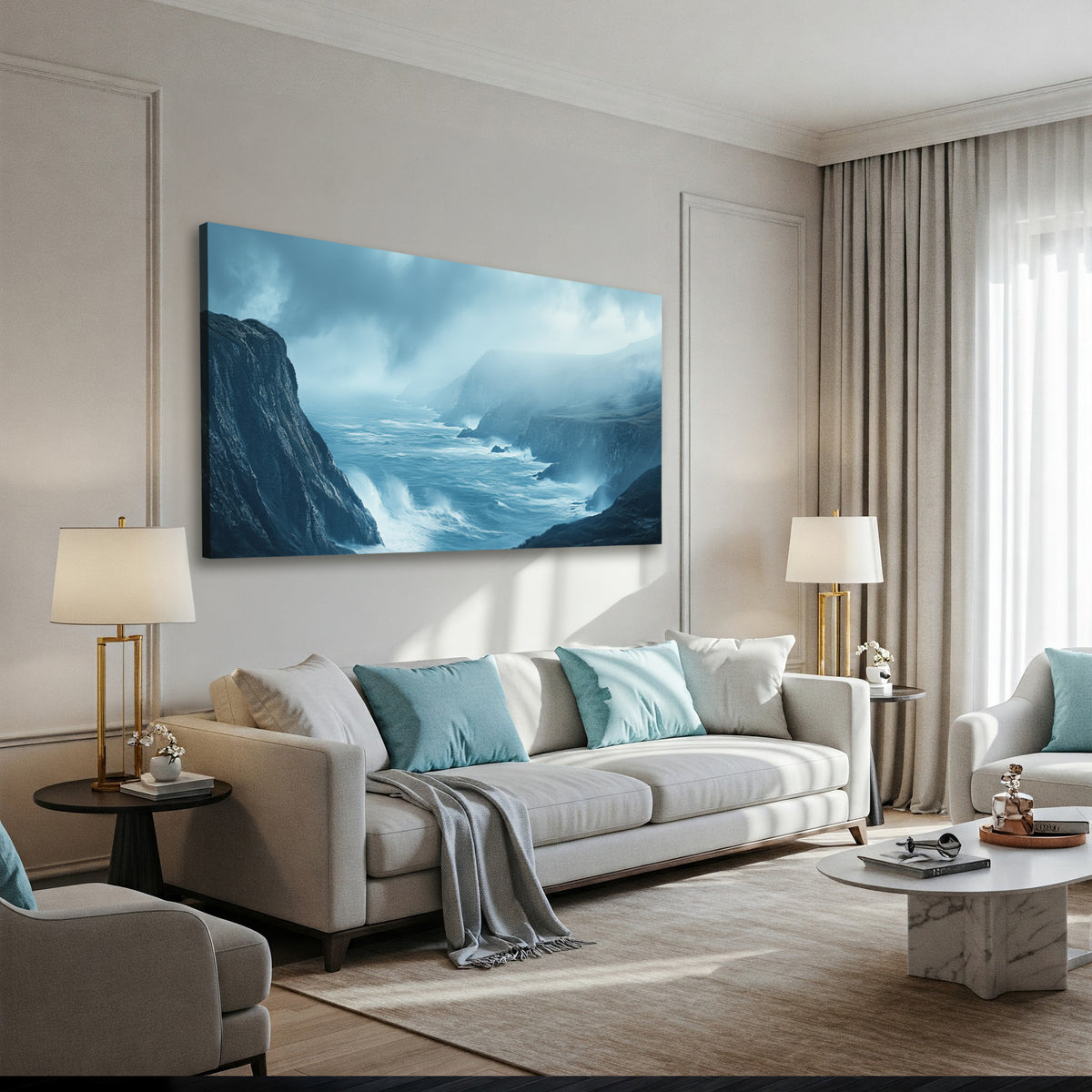 Coastal Cliffside and Waves Canvas in Earthy Tones