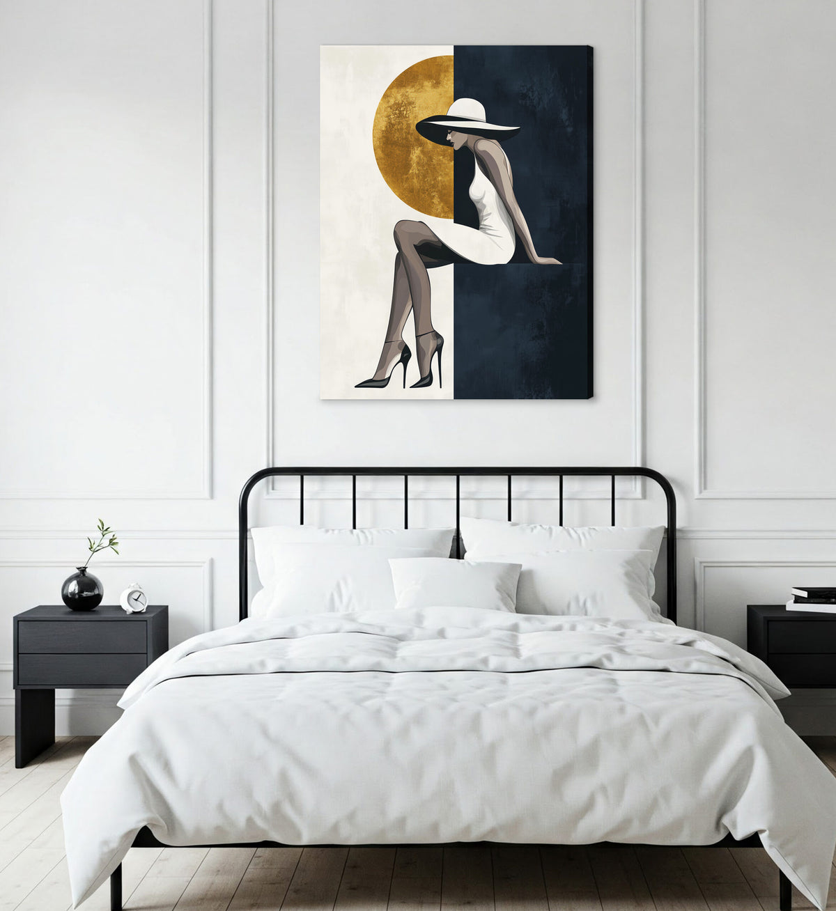 Modern Minimalist Woman and Gold Moon Wall Art Canvas