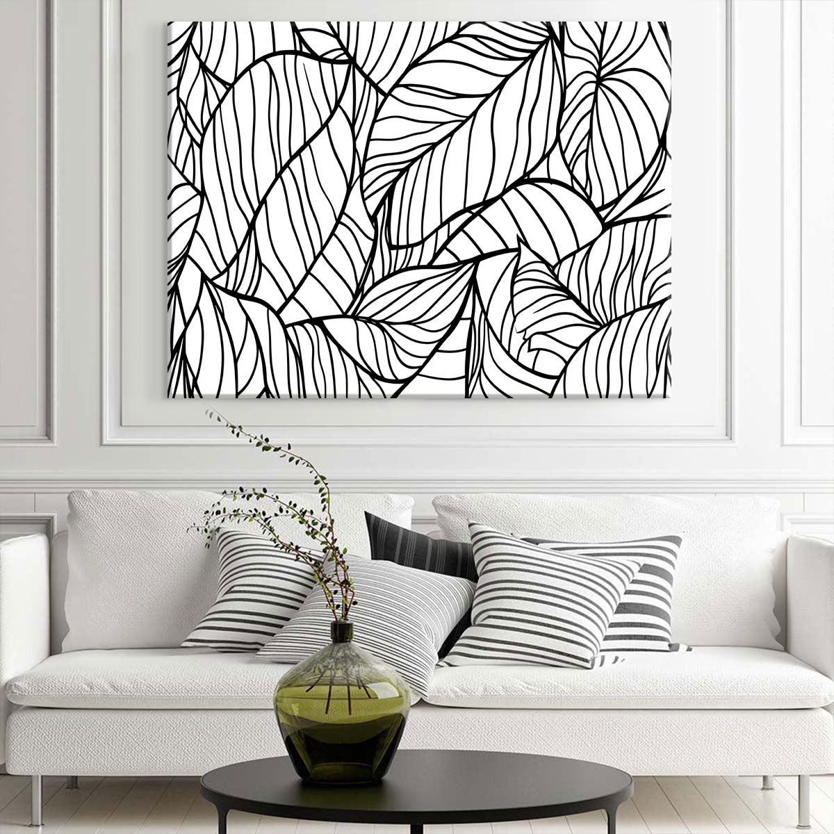 Black And White Leaf Line Artwork For Living Room