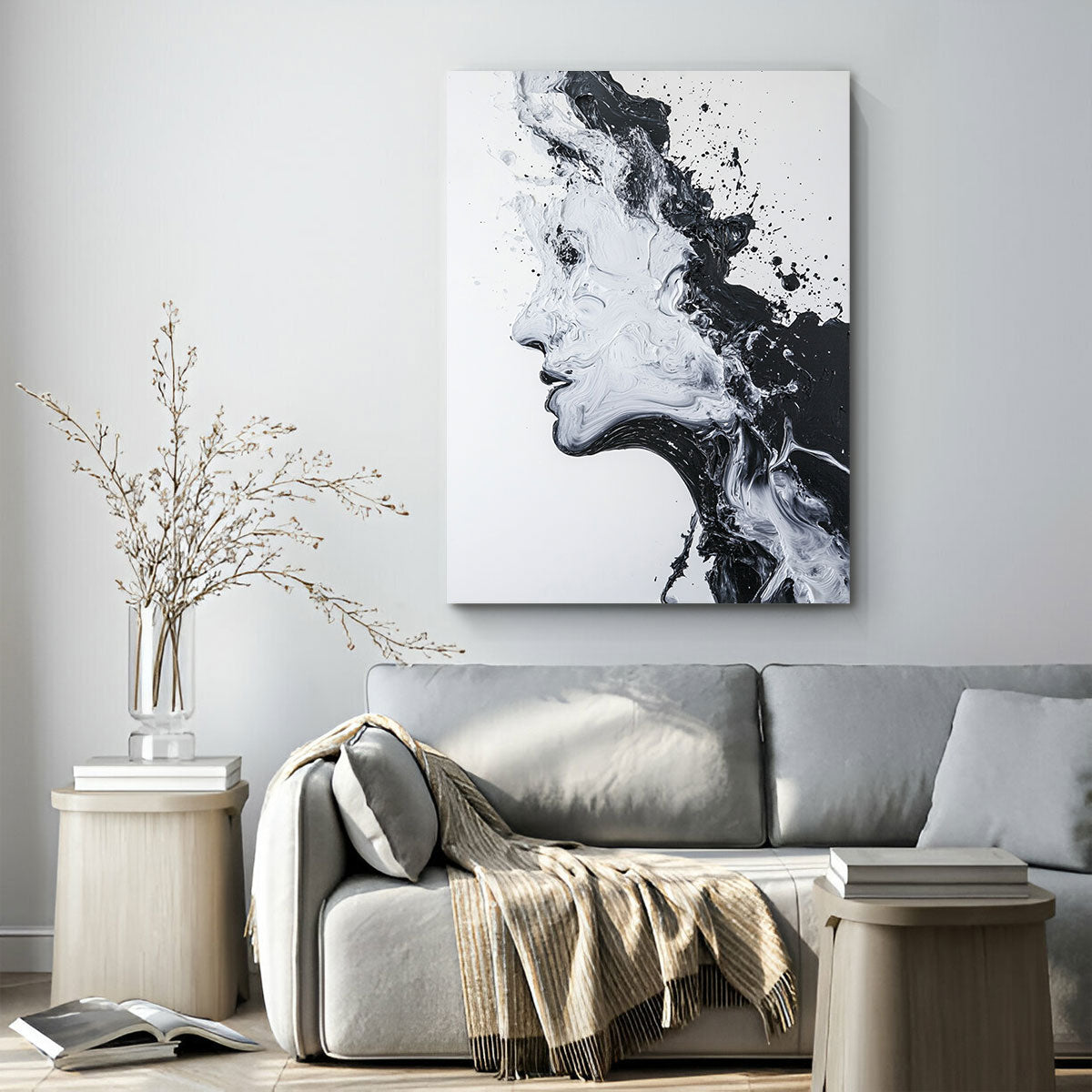 Black And White Abstract Portrait Minimalist Oil Painting Wall Art