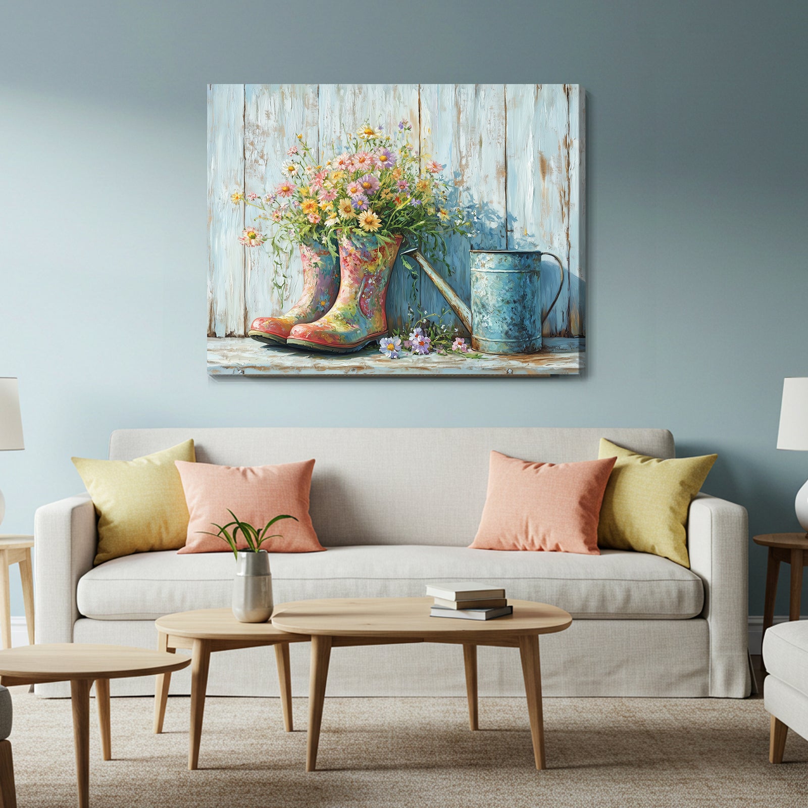 Rustic Floral Rain Boots – Vintage Farmhouse Oil Painting Canvas Wall Art