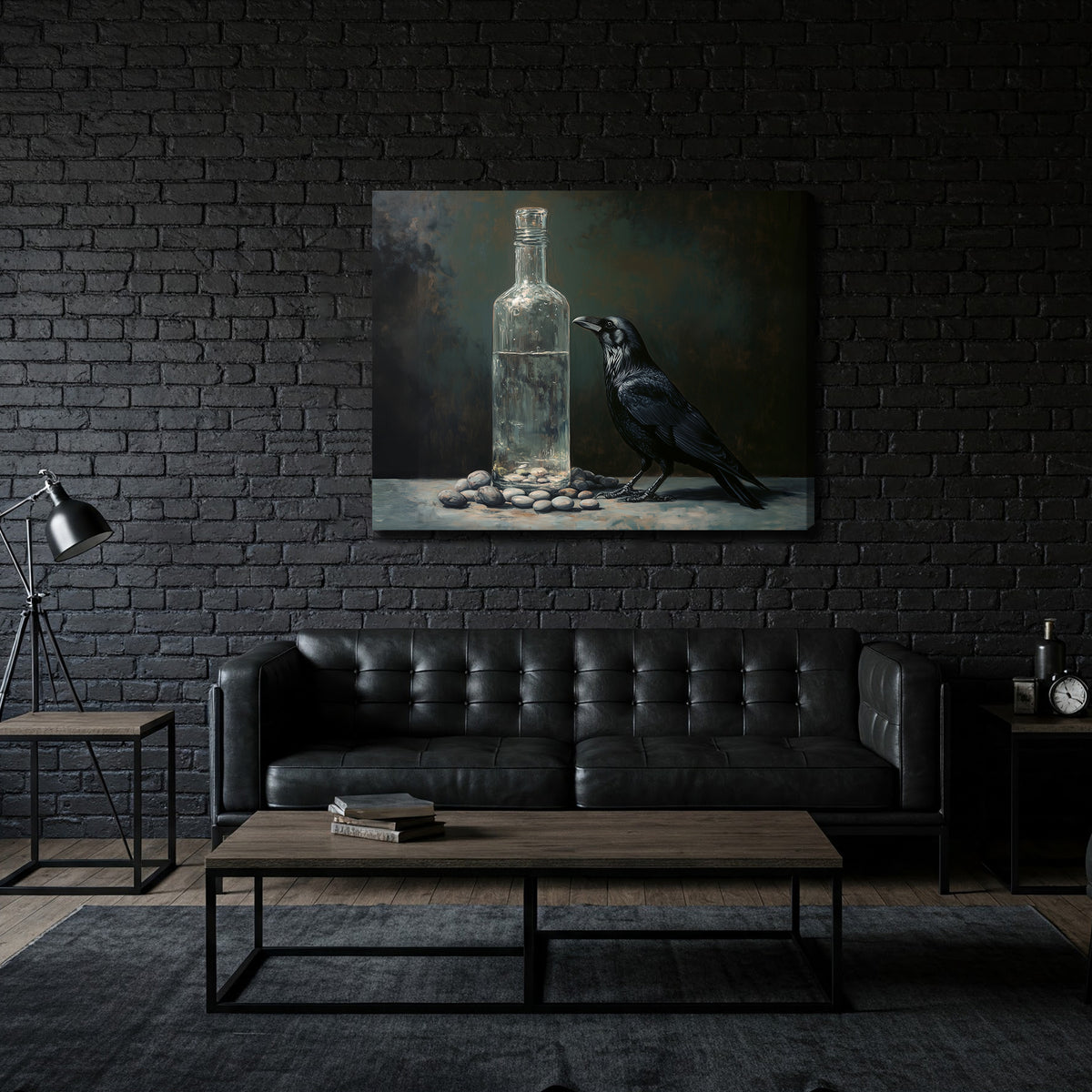 Black Raven and Glass Bottle Oil Painting Canvas Print