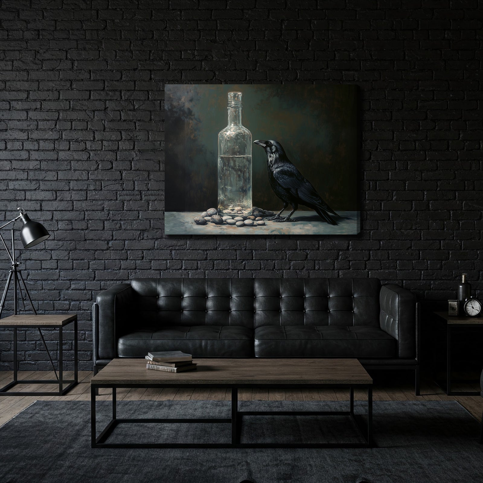 Black Raven and Glass Bottle Oil Painting Canvas Print