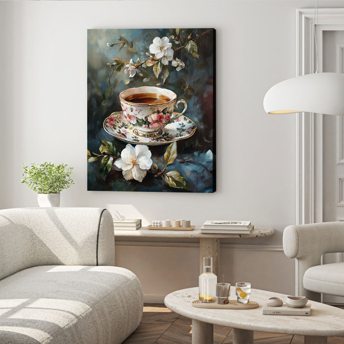 Vintage Floral Teacup Oil Painting Canvas Wall Art