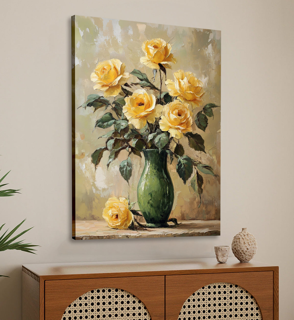 Yellow Roses in a Green Vase - Vintage Oil Painting Canvas Print