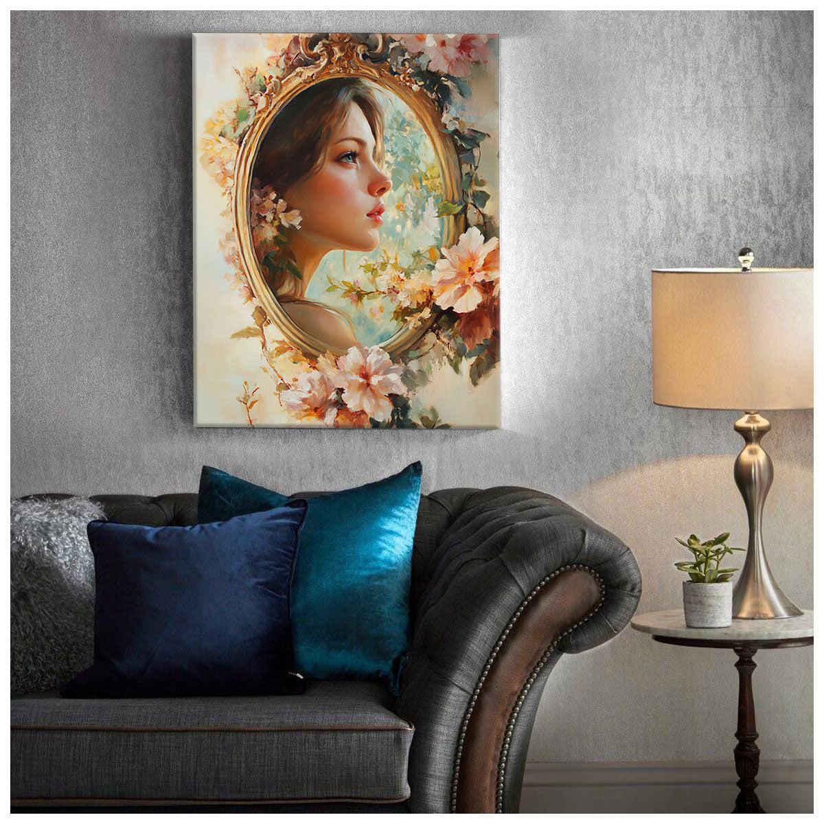 Beauty in the Mirror – Romantic Oil Painting Canvas Wall Art