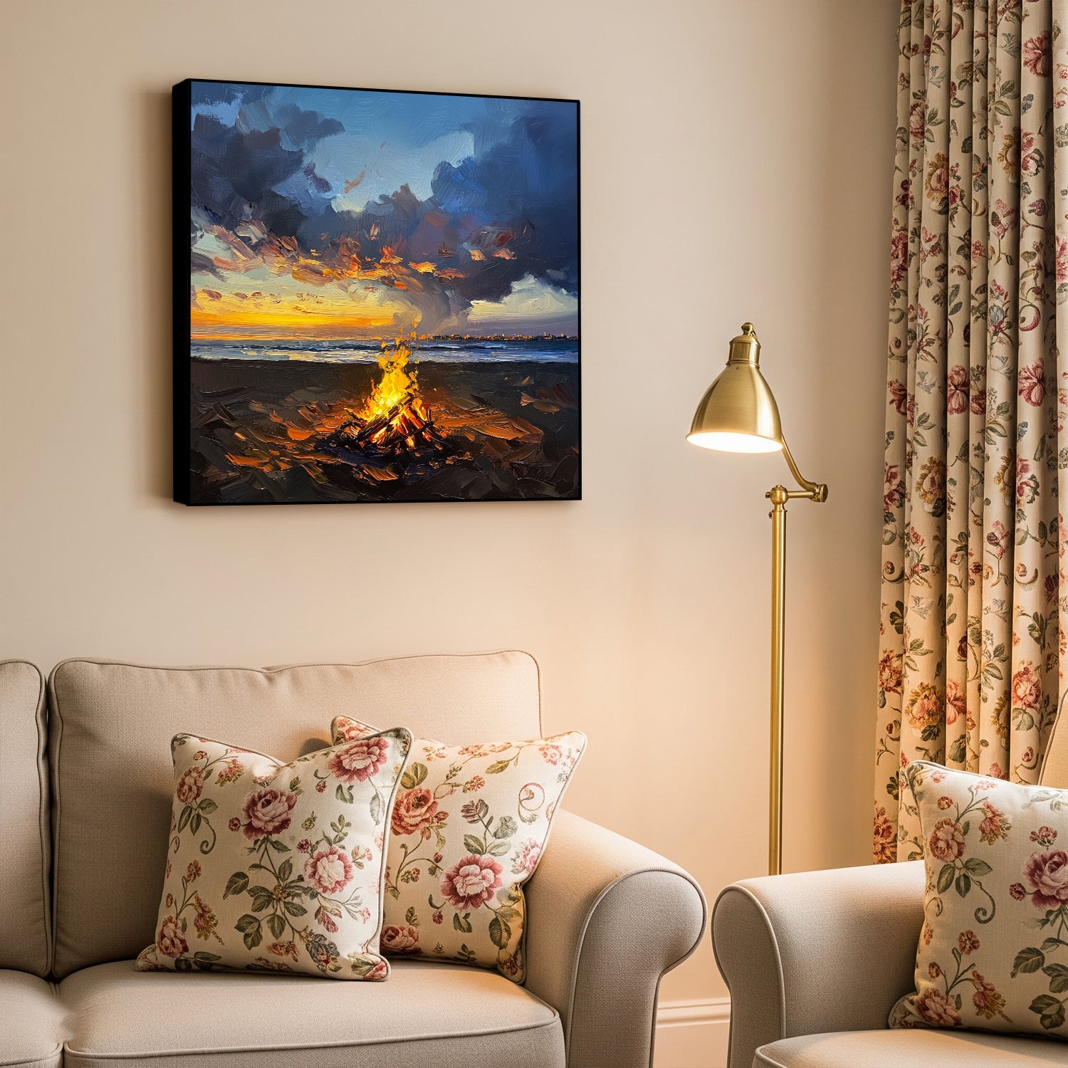 Sunset Campfire Beach Wall Art Oil Painting Canvas