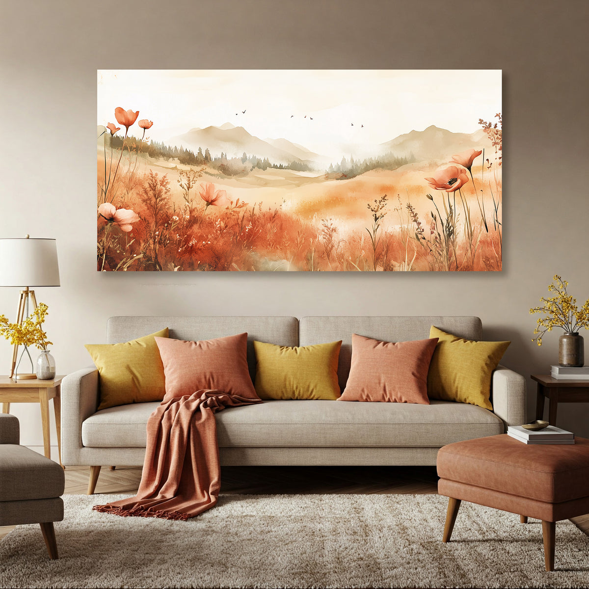 Boho Watercolor Floral Landscape Canvas Wall Art