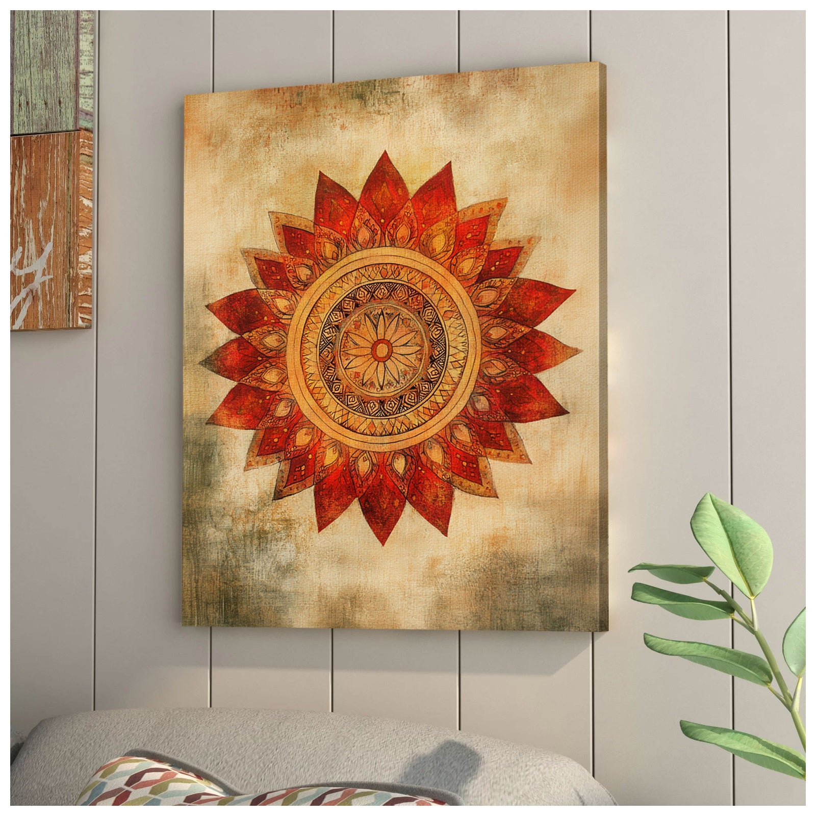 Boho Mandala Canvas Wall Art - Warm Tribal Sunflower Decor