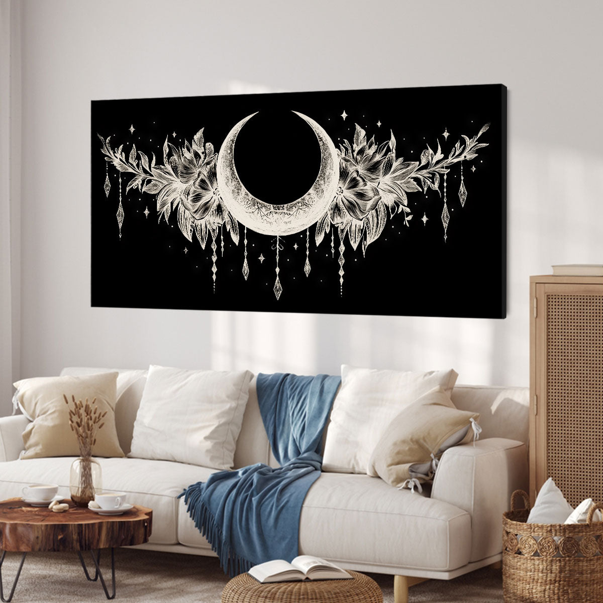 Crescent Moon and Floral Line Art Boho Canvas Wall Decor