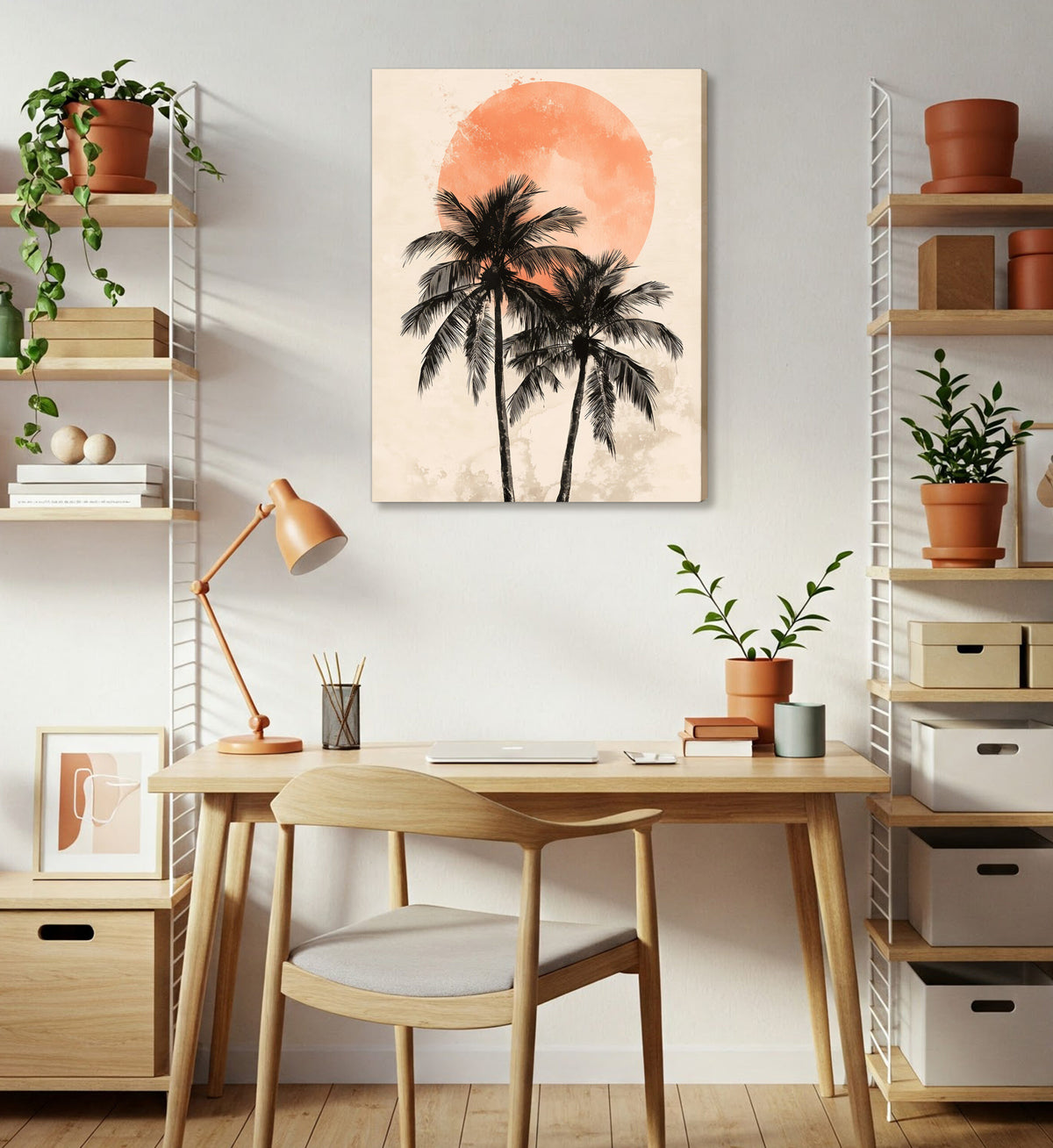 Palm Trees Sunset Boho Wall Art – Minimalist Coastal Canvas Print