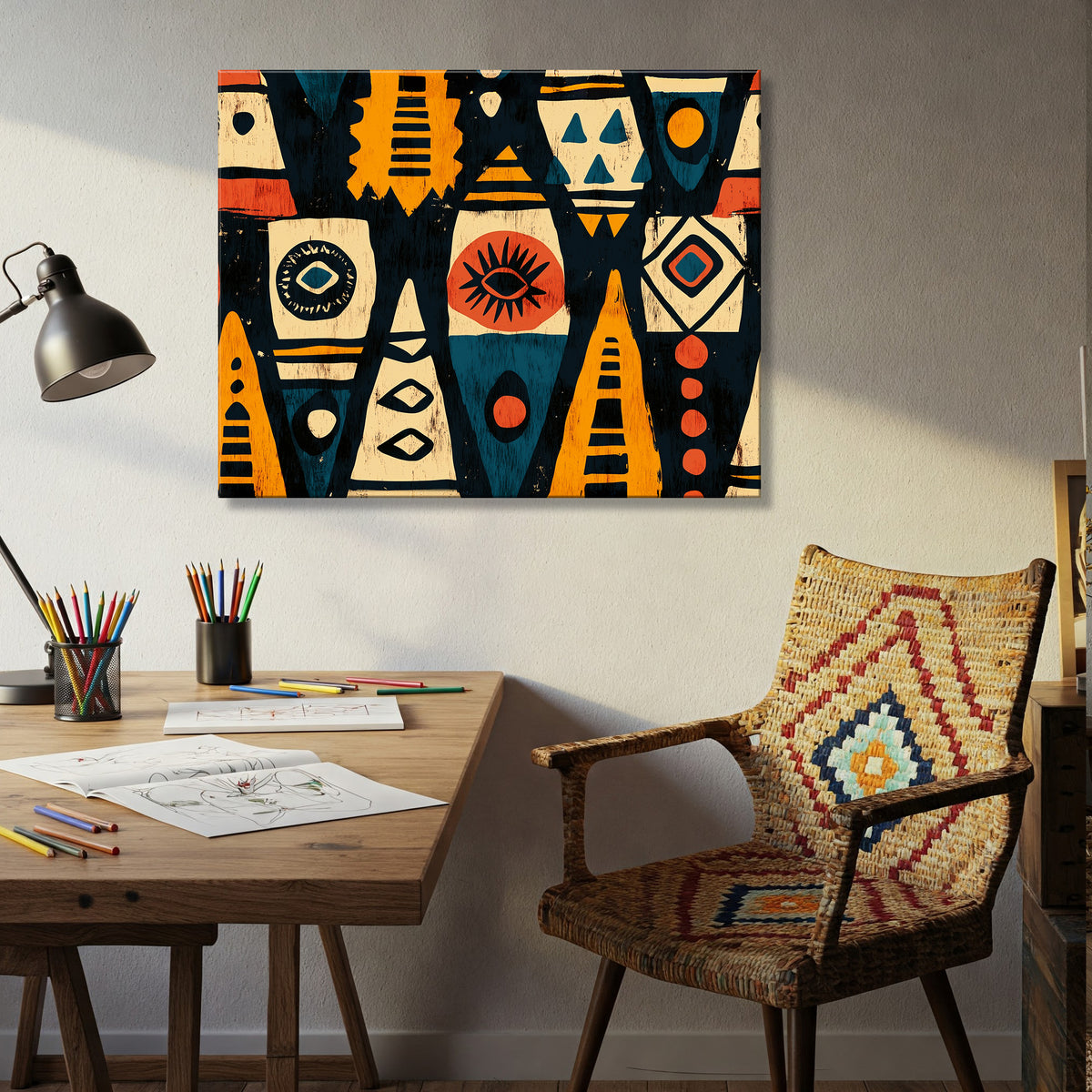 African Tribal Pattern Boho Wall Art in Bold Earth Tones
