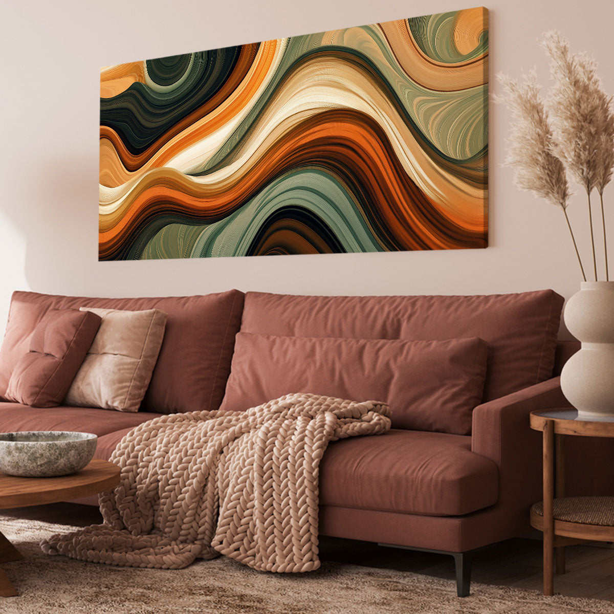 Wavy Earth-Toned Abstract Boho Canvas Wall Art Decor